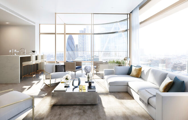 3D CGI render of a spacious apartment interior, with commanding views of The Gherkin (30 St Mary Axe) and the city