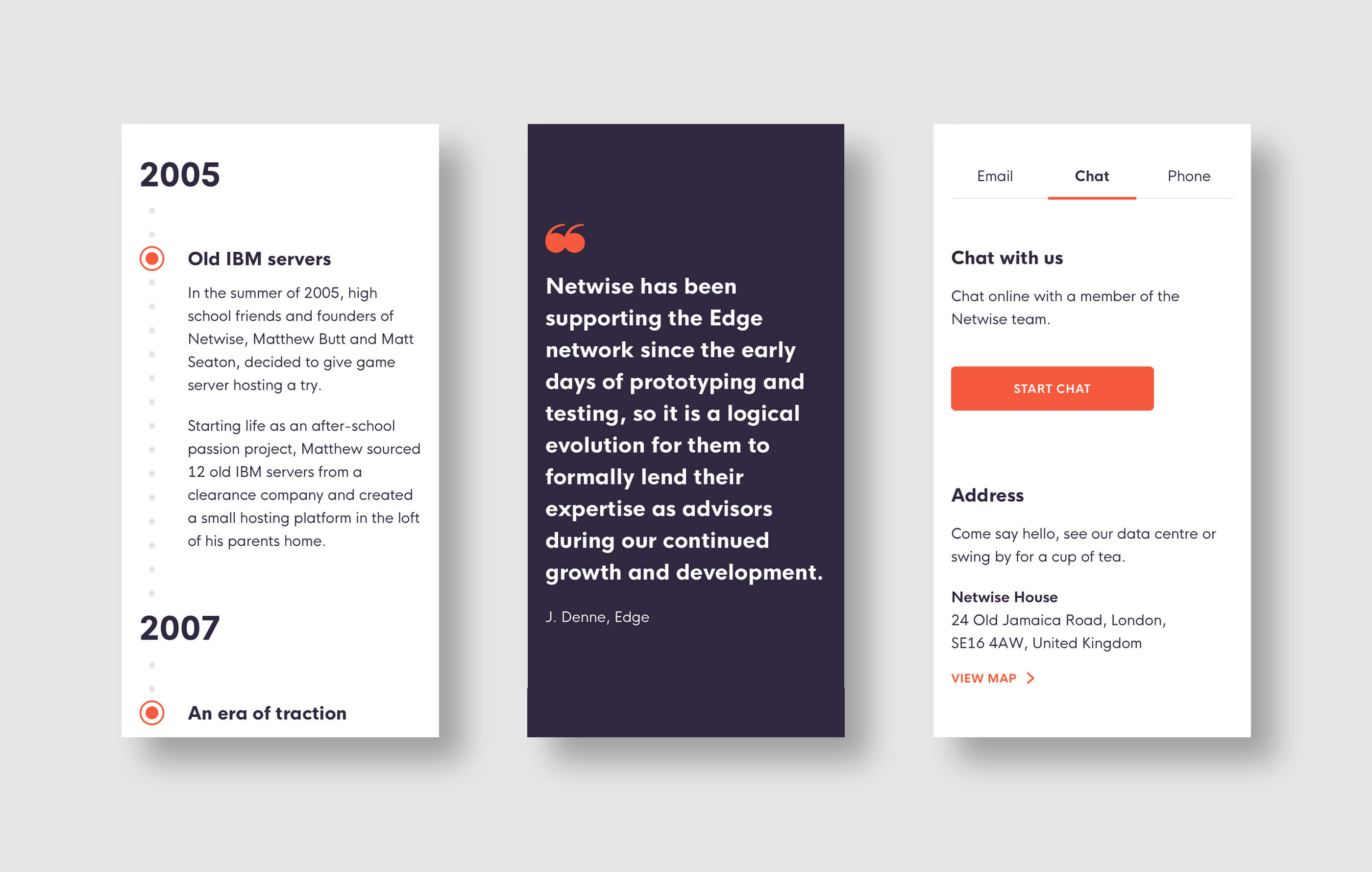 Three mobile phone mockups, featuring a historical timeline of Netwise as a business, client quote and 'Contact Us' chat options