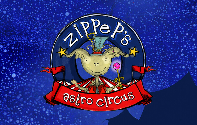 The main character Zippep, sat above a red curved banner and circus tent in the starry night's sky