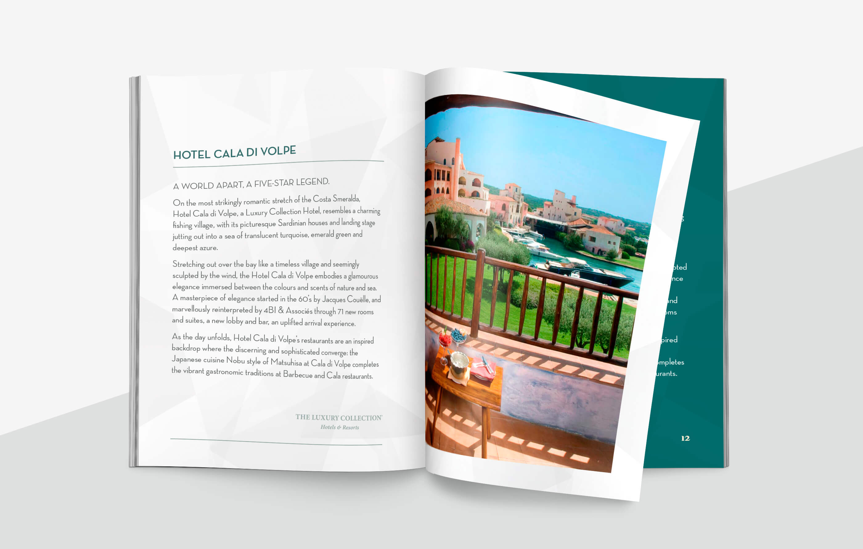 Double page spread of a winner's welcome booklet, featuring information about the Cala Di Volpe Hotel on the left page and a photo of it on the right