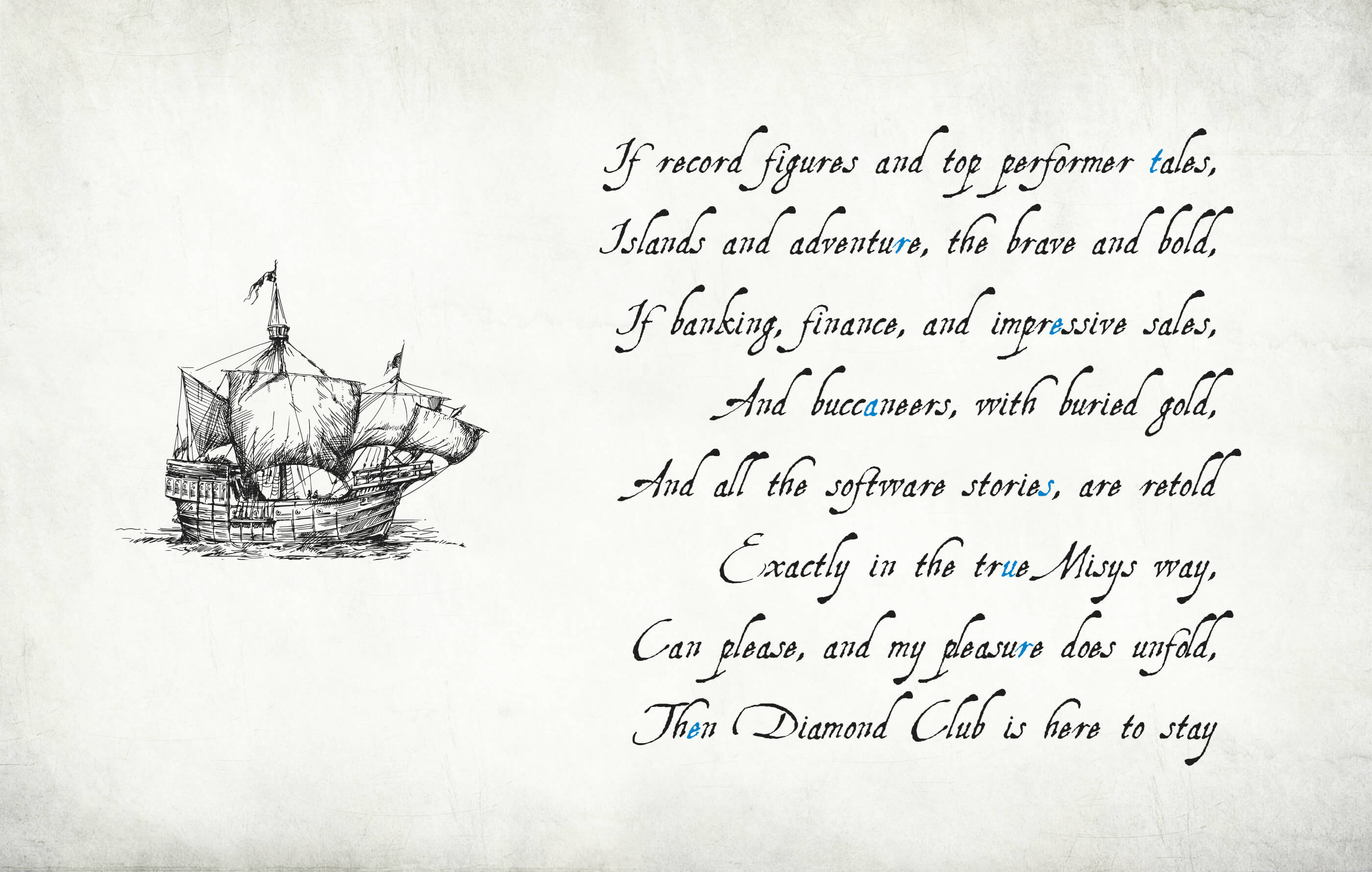 Page extract from the hardback book, featuring a rough hand-drawn illustration of a pirate ship next to a Diamond Club poem which reveals clues to a secret password