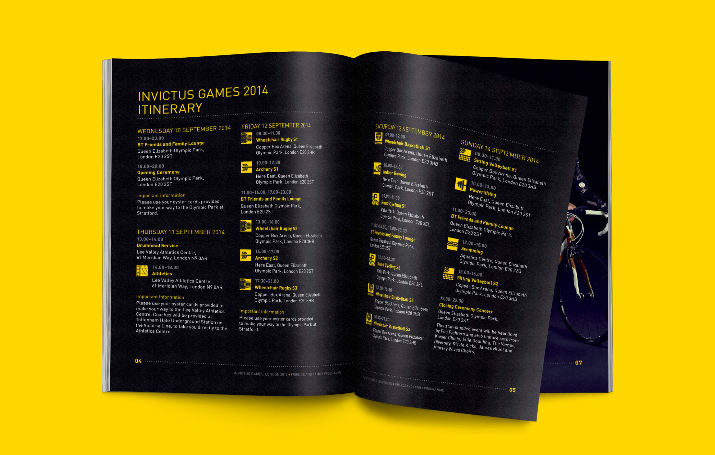 Spread of the printed booklet, featuring the itinerary for the 2014 Invictus Games in white and yellow writing on a black background