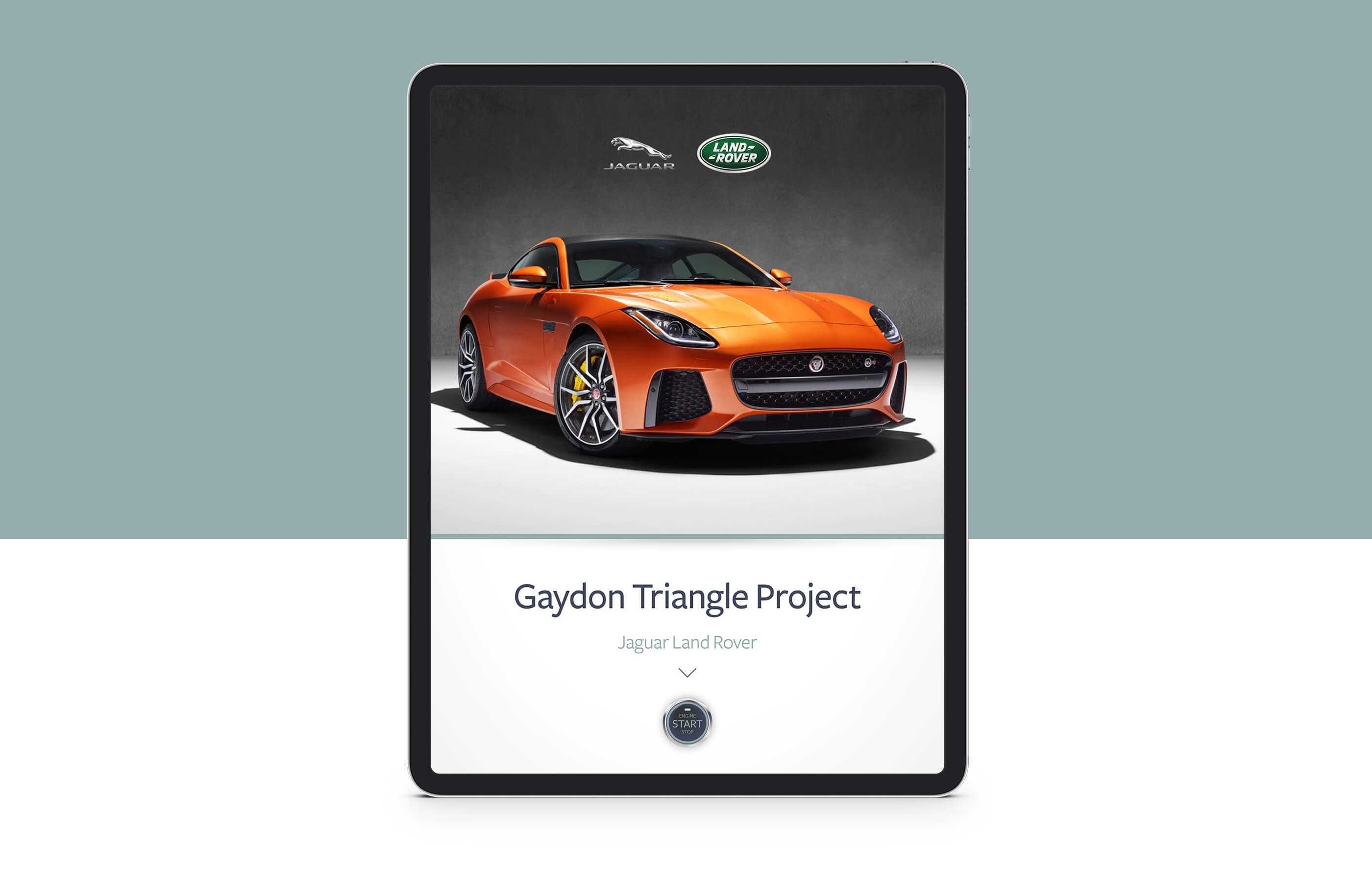 Front facing iPad Pro mock up showing the JLR Gaydon Triangle Project splash screen
