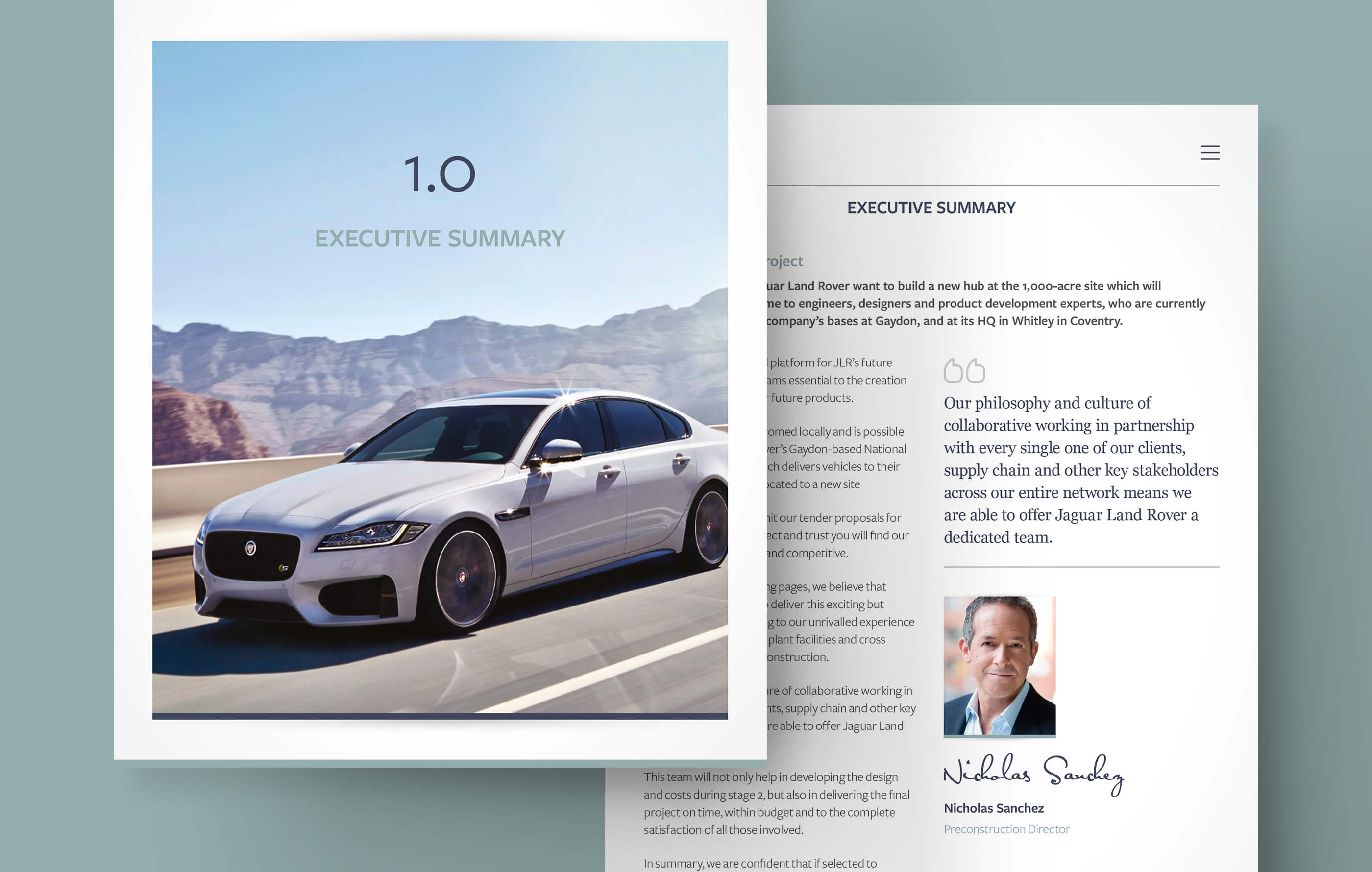 User interface design of a section intro screen featuring a Jaguar XF overlapping an executive summary screen