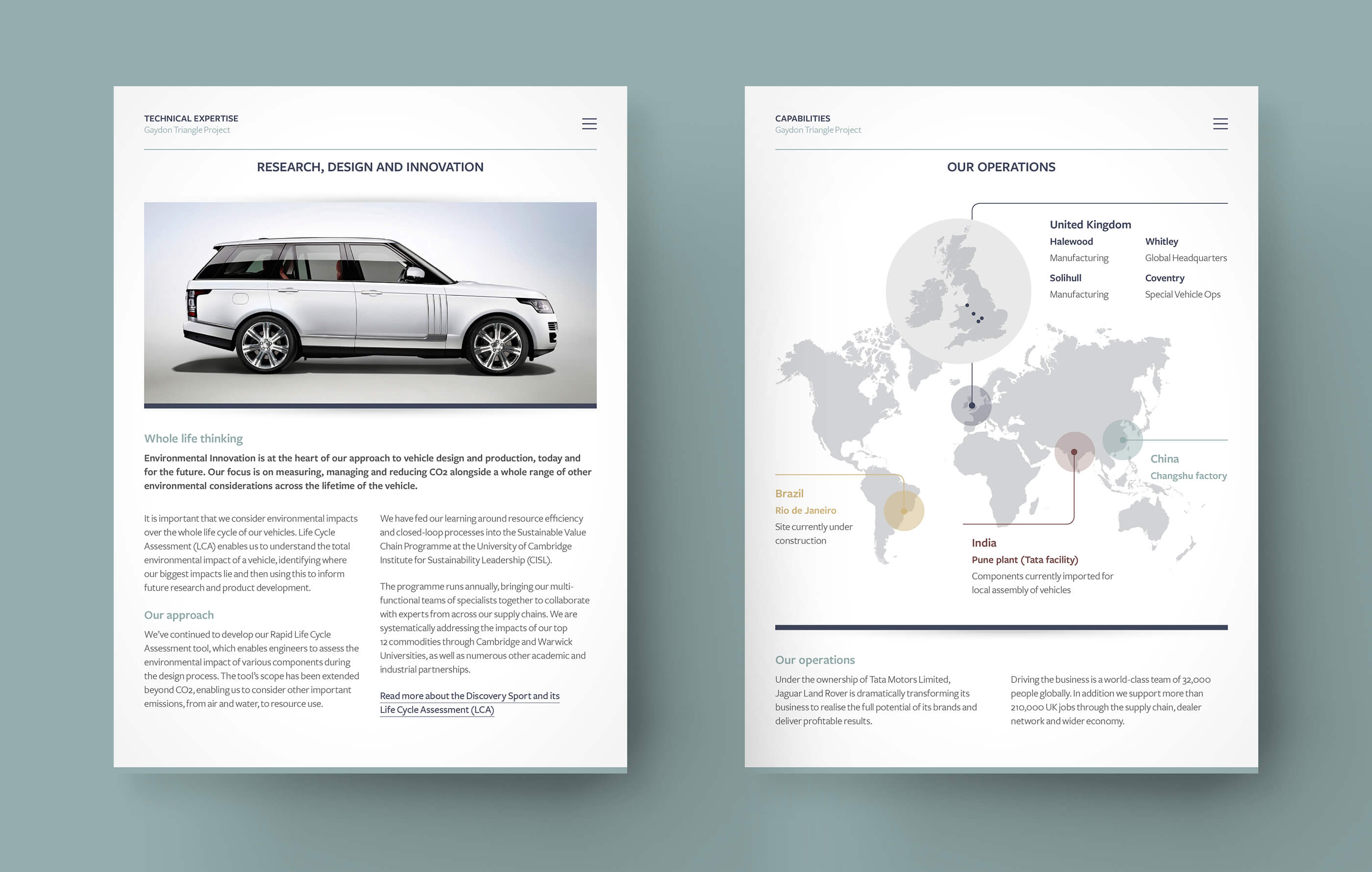 Two app screenshots on a teal background, detailing Jaguar Land Rover's design and innovation approach and global operations map