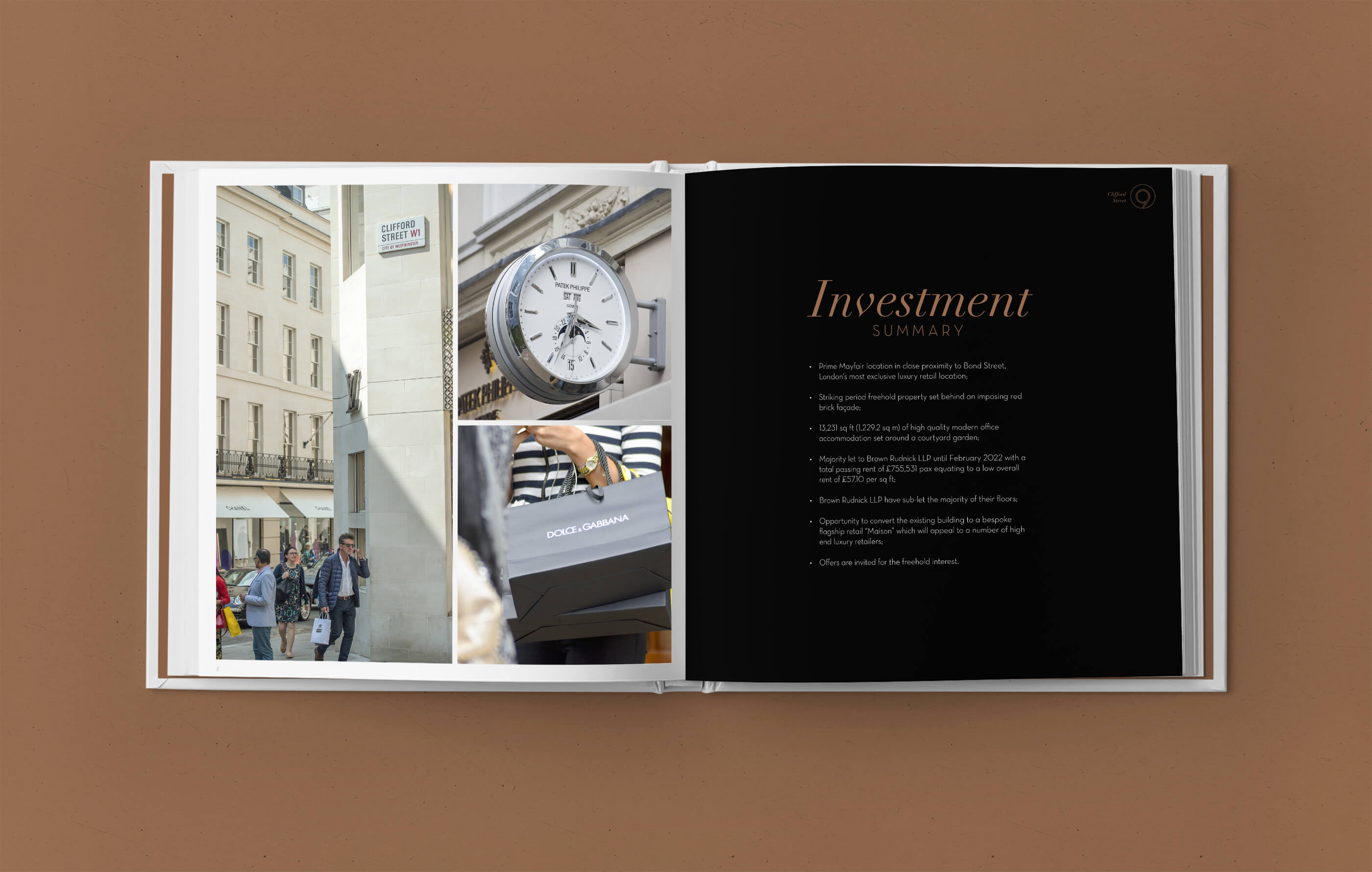 Gold 'investment summary' heading on a black background with white body copy, and supporting imagery of Clifford Street and surrounding areas
