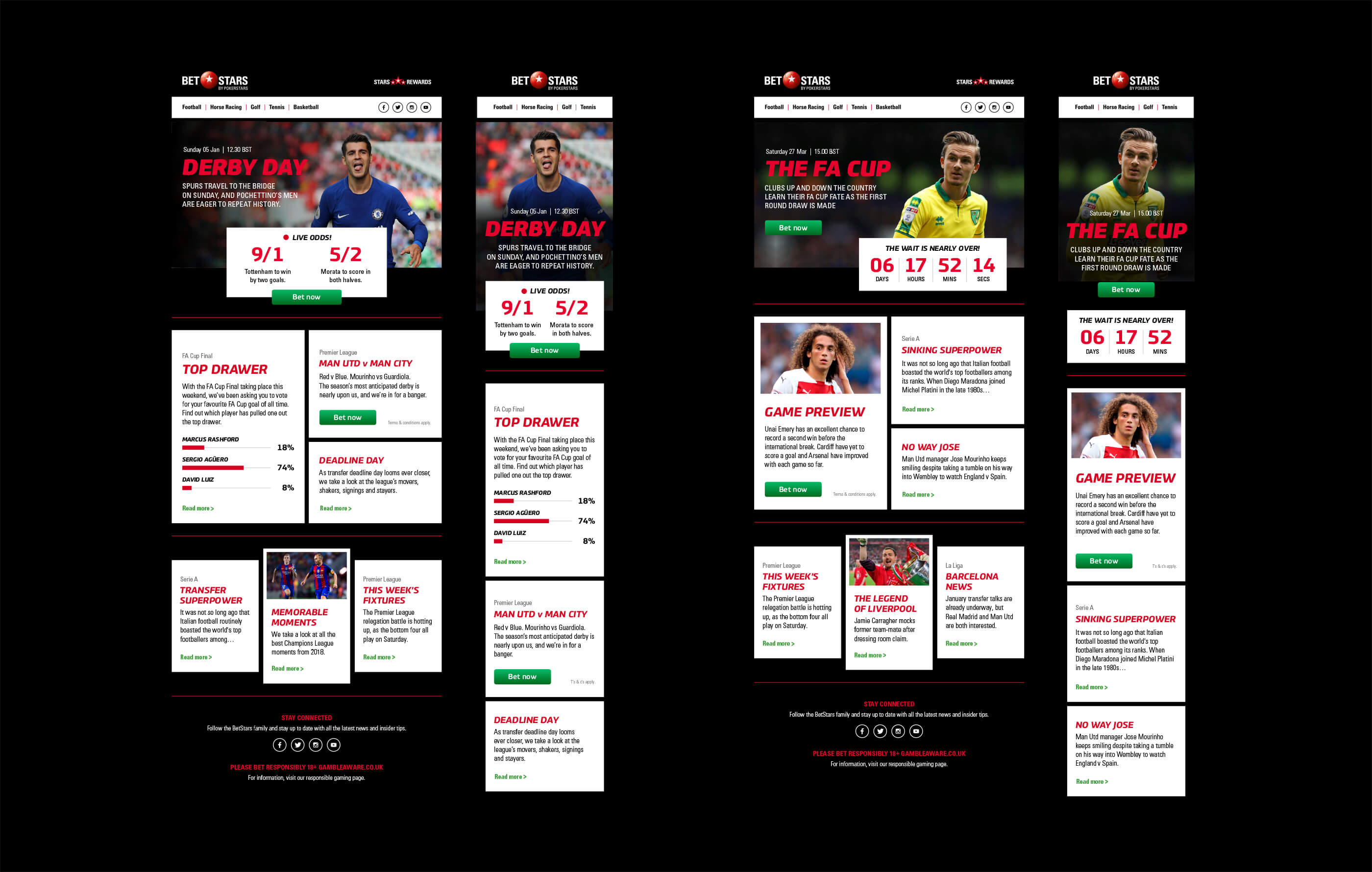 2 BetStars email designs, featuring Derby Day, Man Utd v Man City and FA Cup action, deadline gossip and fixtures
