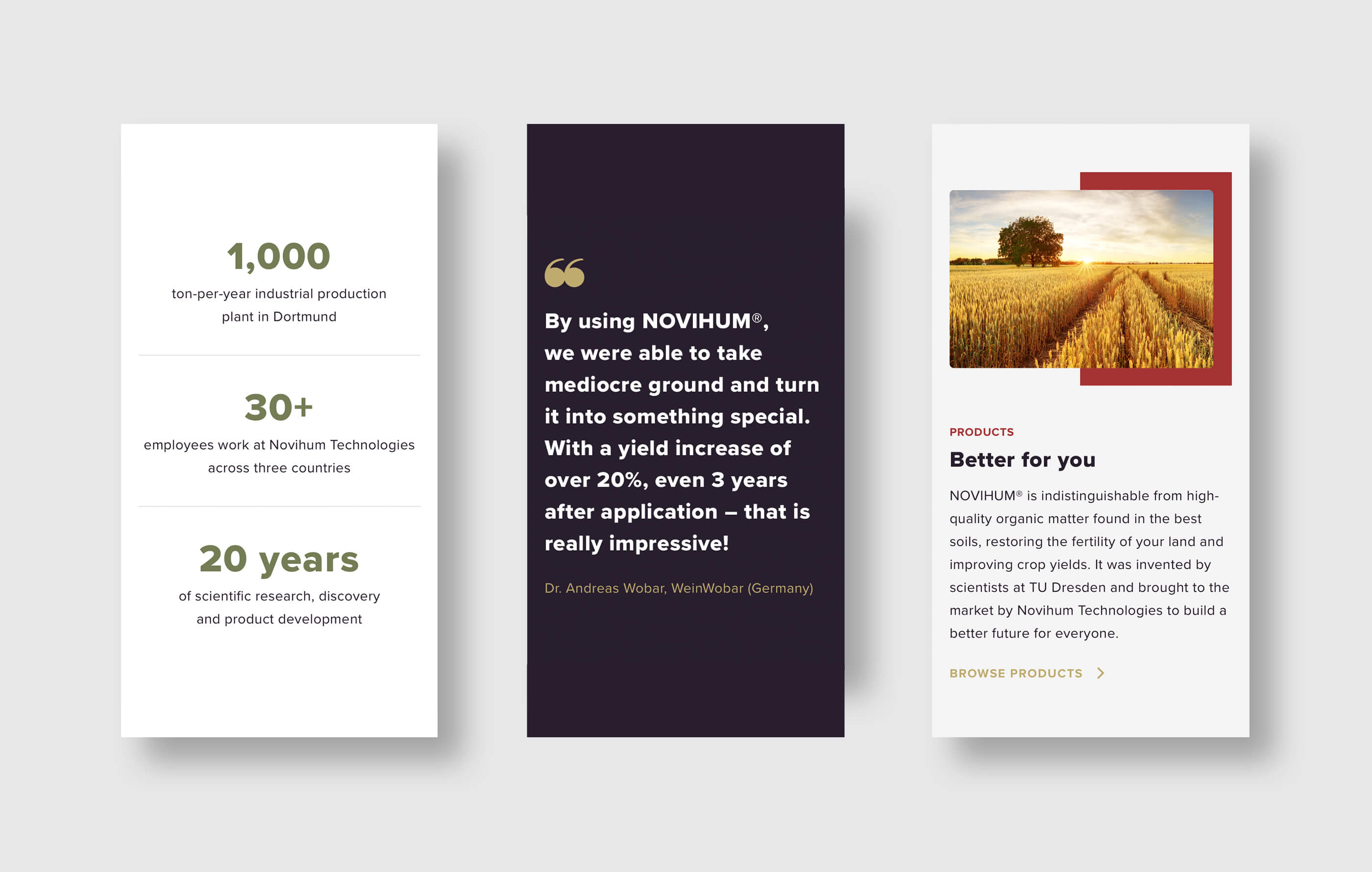 Three mobile phone mockups, featuring top level statistics in olive green, a customer quote in white text and gold quotation marks on a dark background, and an image of a field at dusk