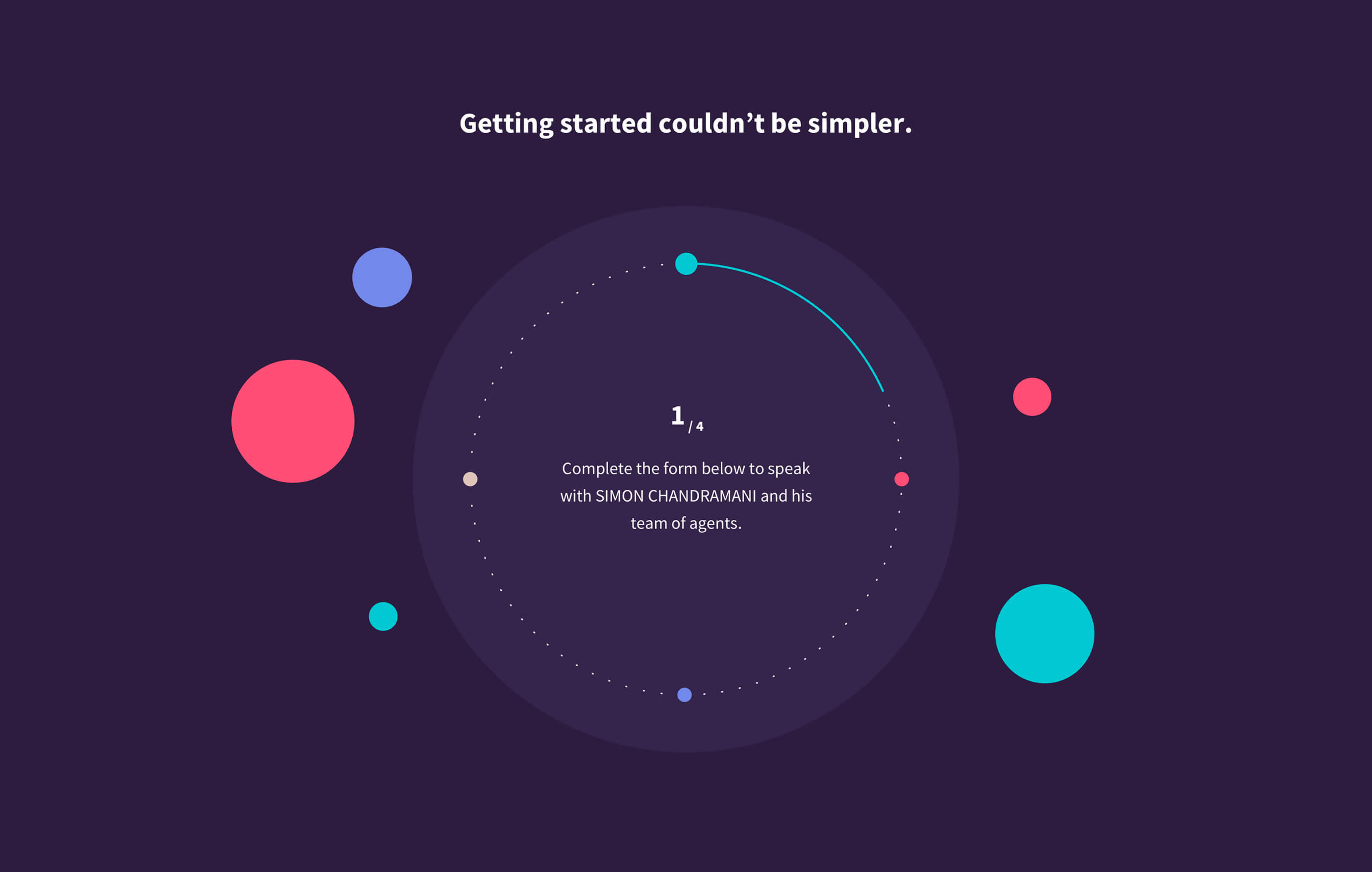 Full screen image of an interactive form module, made up of a main centre circle split into four parts on a dark purple background