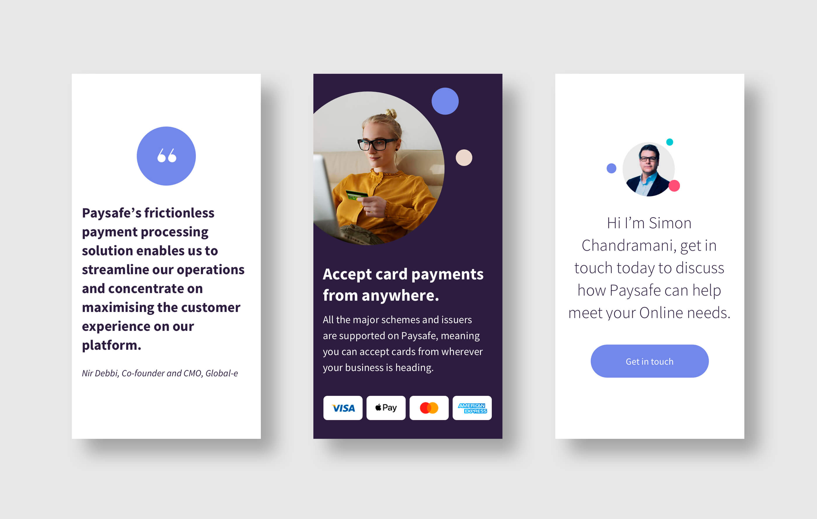 Three mobile phone mockups, featuring a client quote, rounded image on a dark purple background and 'Get in Touch' chat module