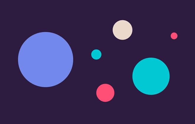 Circles of varying sizes and colours scattered on dark purple background