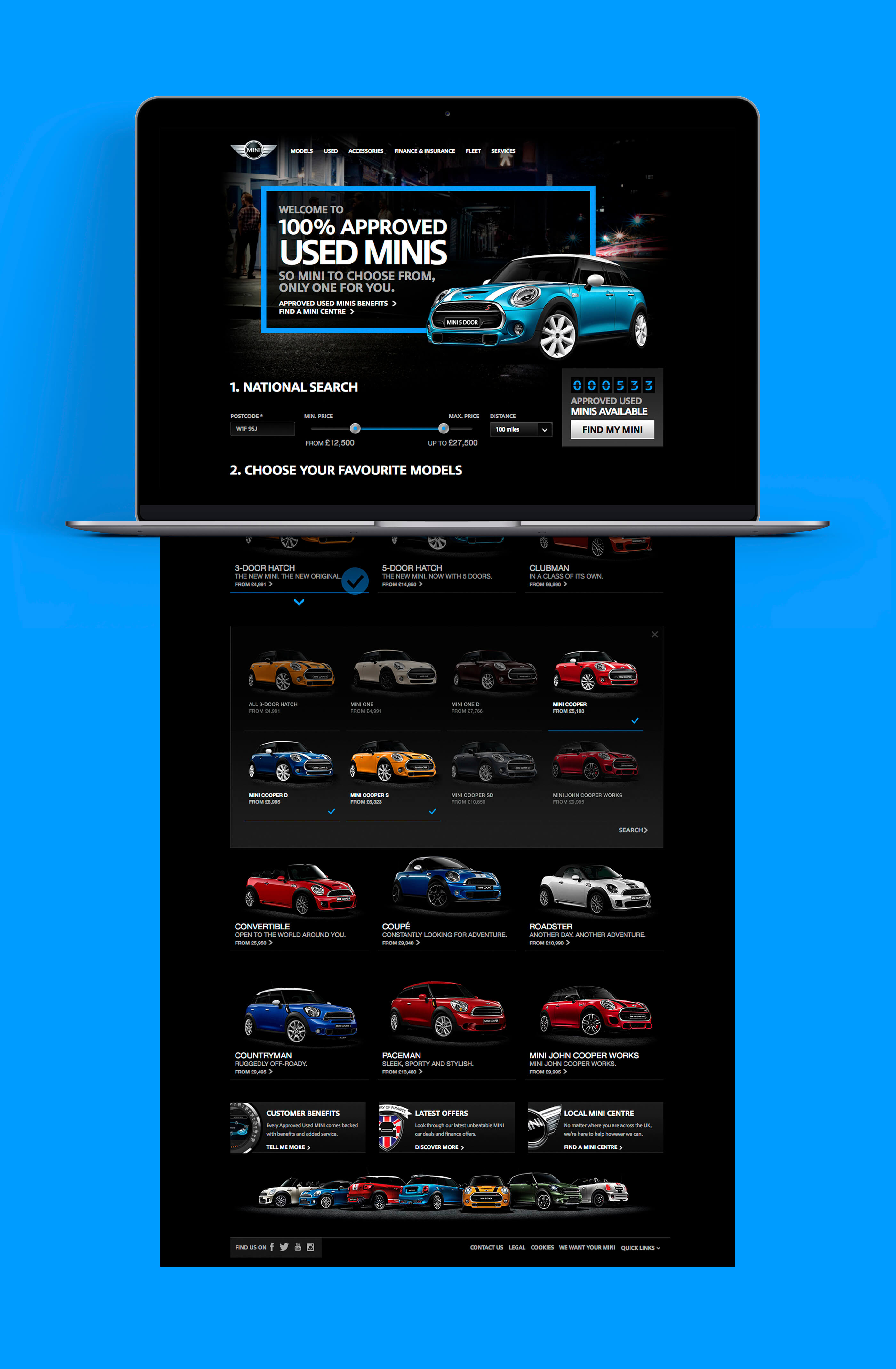 Full homepage design for BMW Mini, superimposed onto an Apple MacBook on a bright blue background