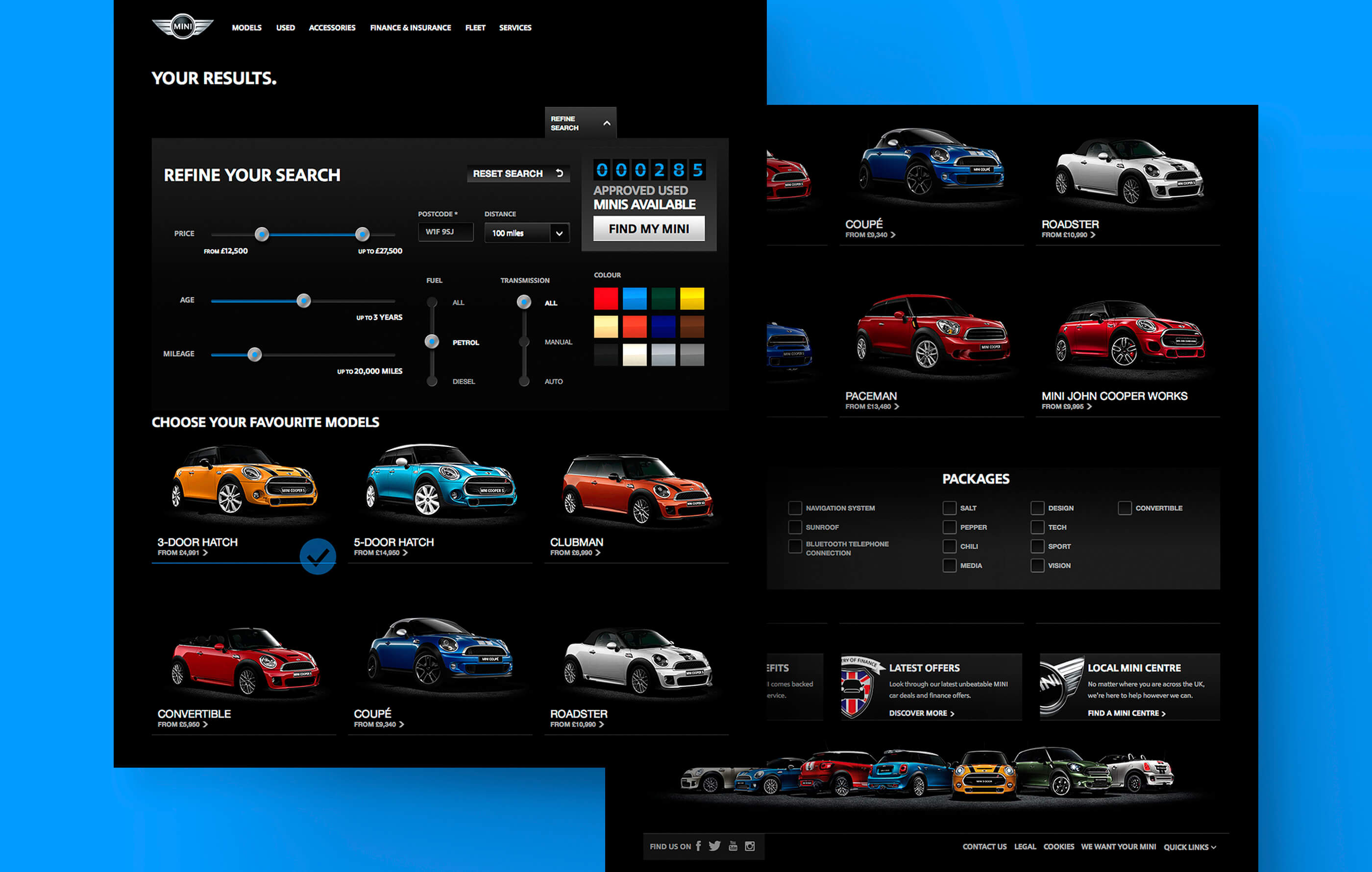 Final render of the BMW Mini vehicle results page and user search options on a desktop