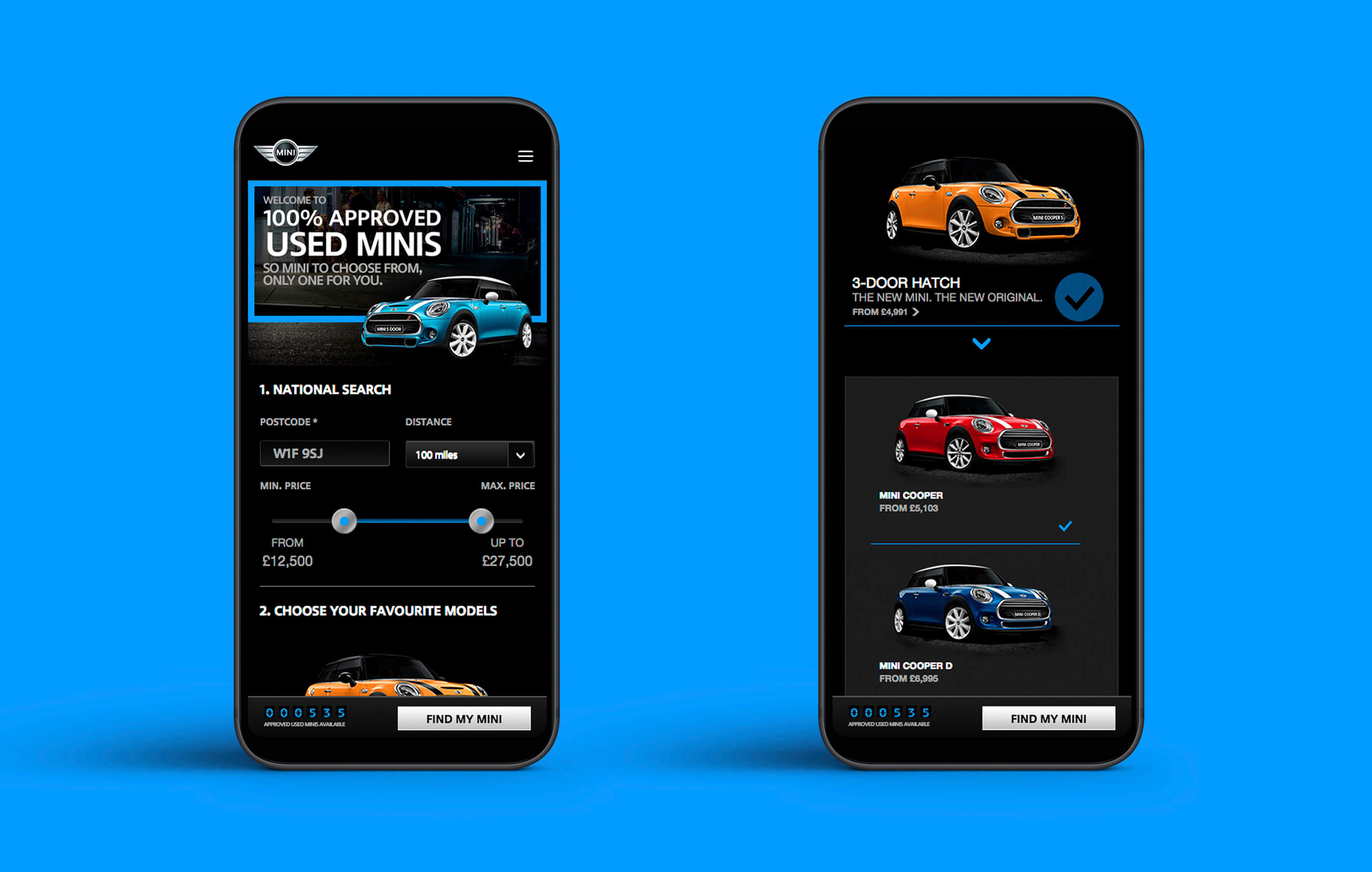 Mock up of the BMW Mini homepage within two black mobile phones on a blue background