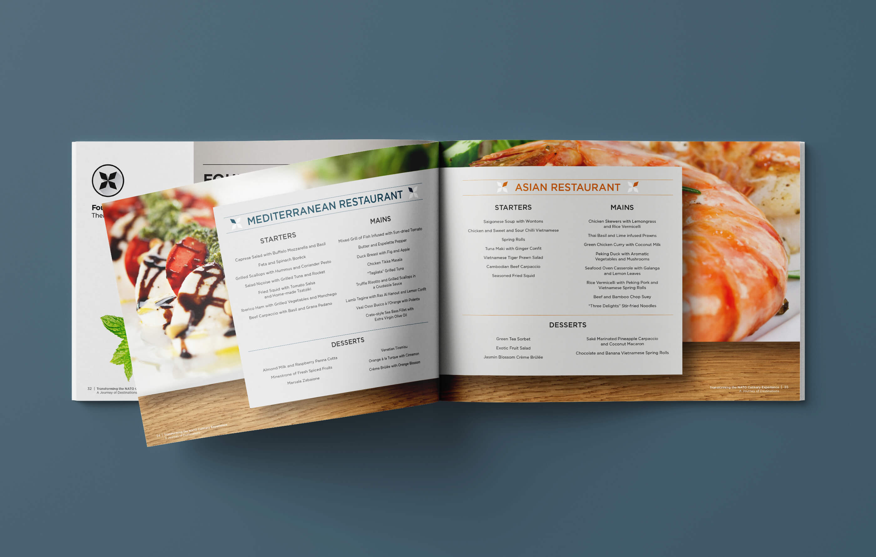 Menus for the Mediterranean and Asian restaurants at the Four Seasons, placed above vibrant images of a tomato salad and king prawns