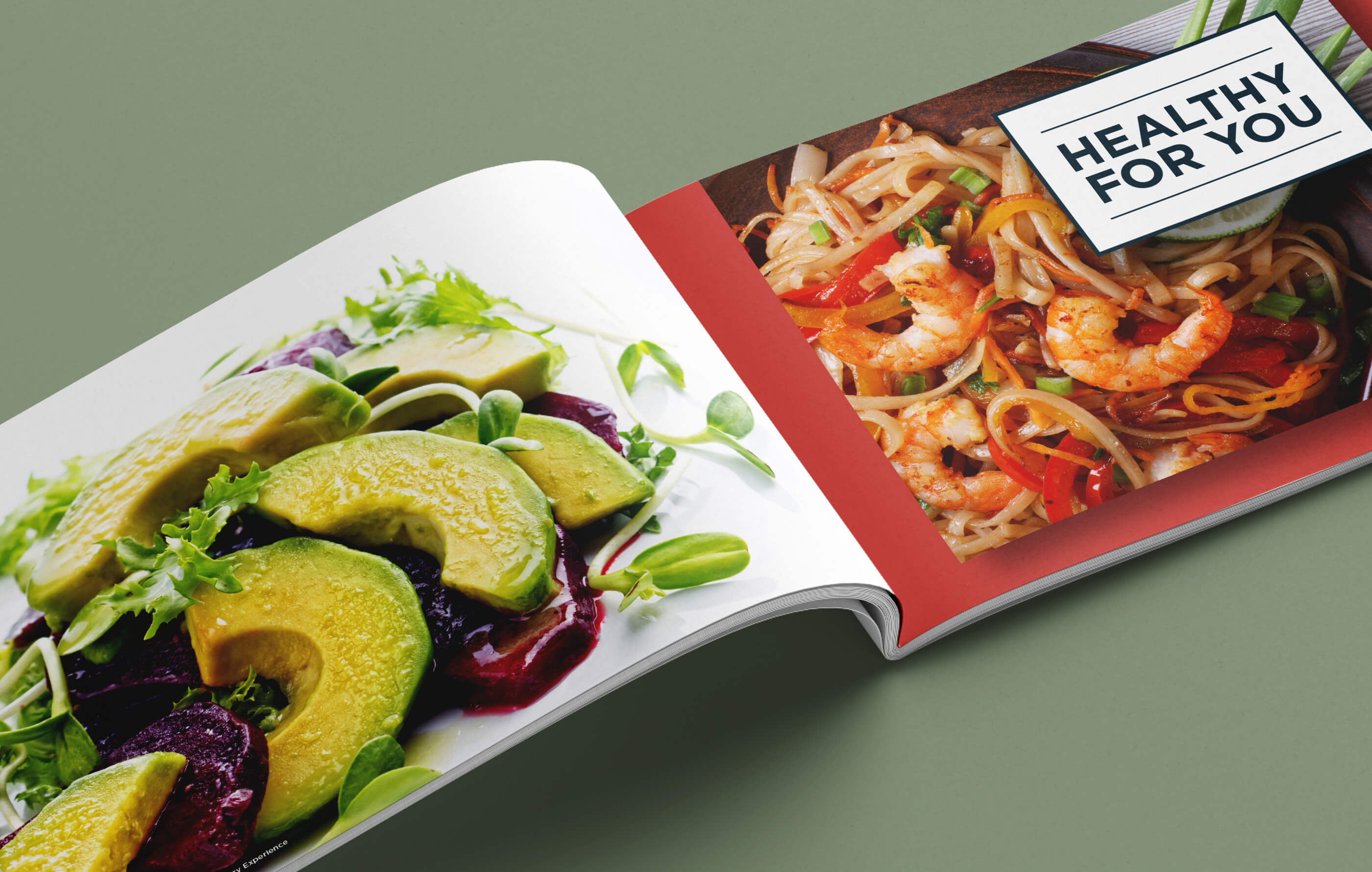 Full page image of an avocado and beetroot salad next to a photo of a king prawn and chilli linguine
