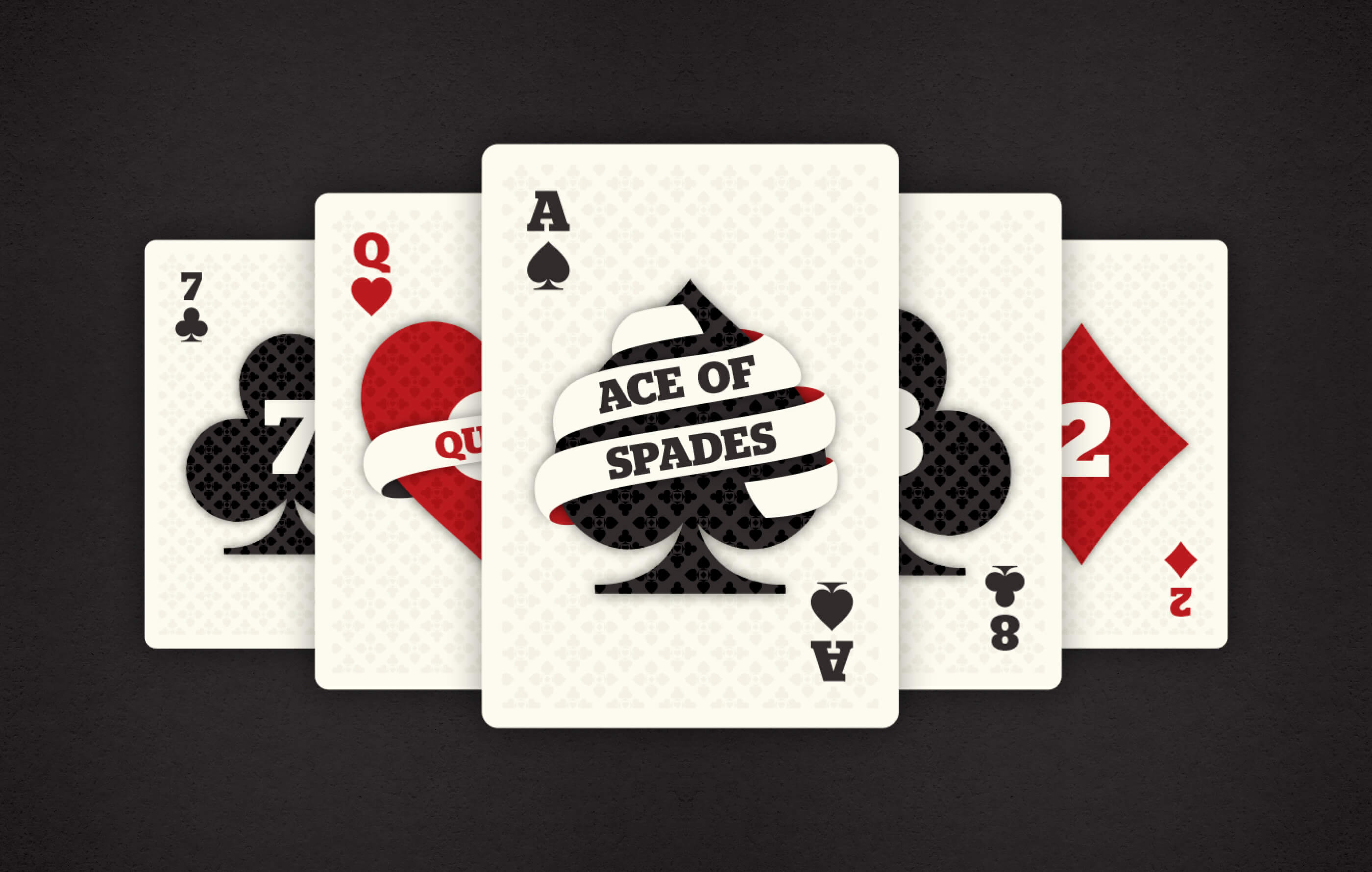 Front view of 5 overlapping playing cards. The front card features the black Ace of Spades icon wrapped in a beige ribbon on a beige patterned background