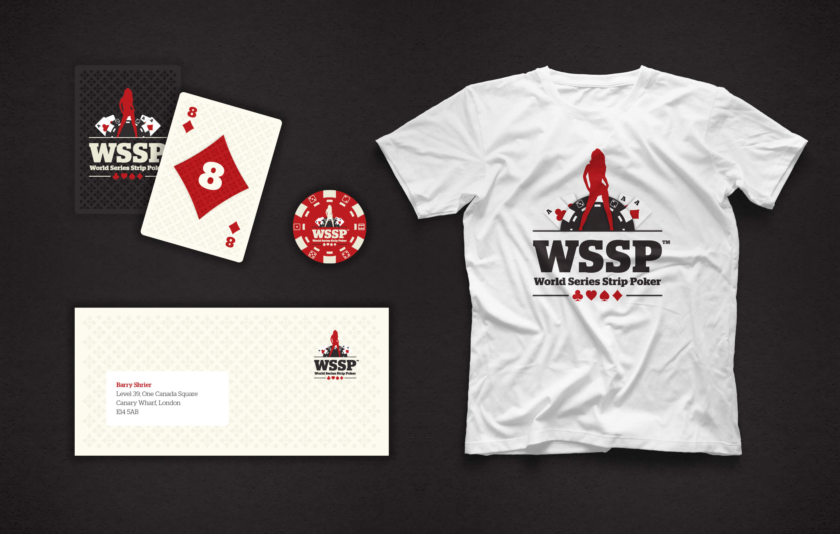 Branded WSSP collateral, including front and back design of the Queen of Clubs, a red clay poker chip, beige envelope addressed to Barry Shrier and a white tee