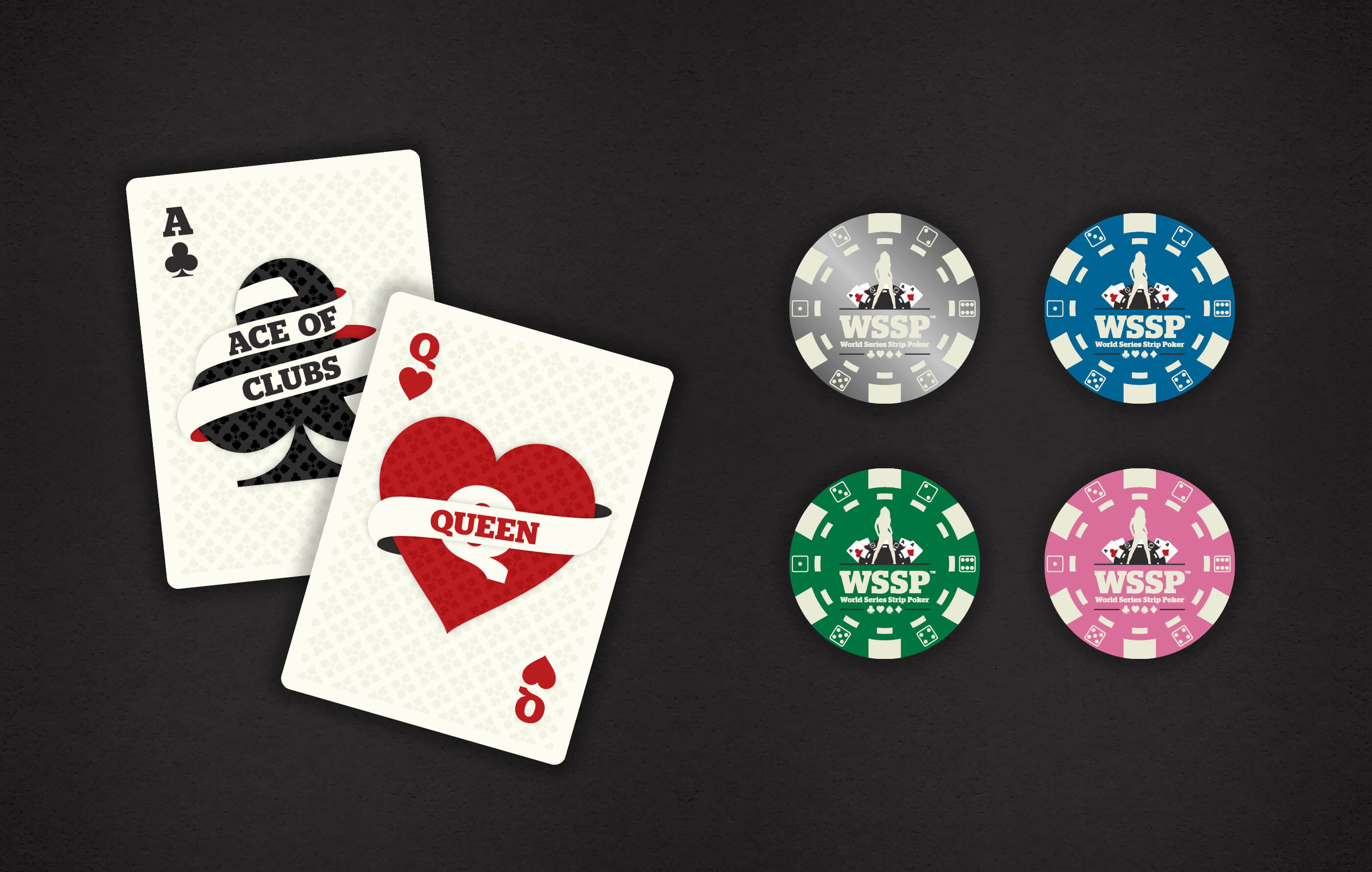 Front and back design of the Queen of Hearts playing card, next to silver, blue, green and red clay poker chips on a black background