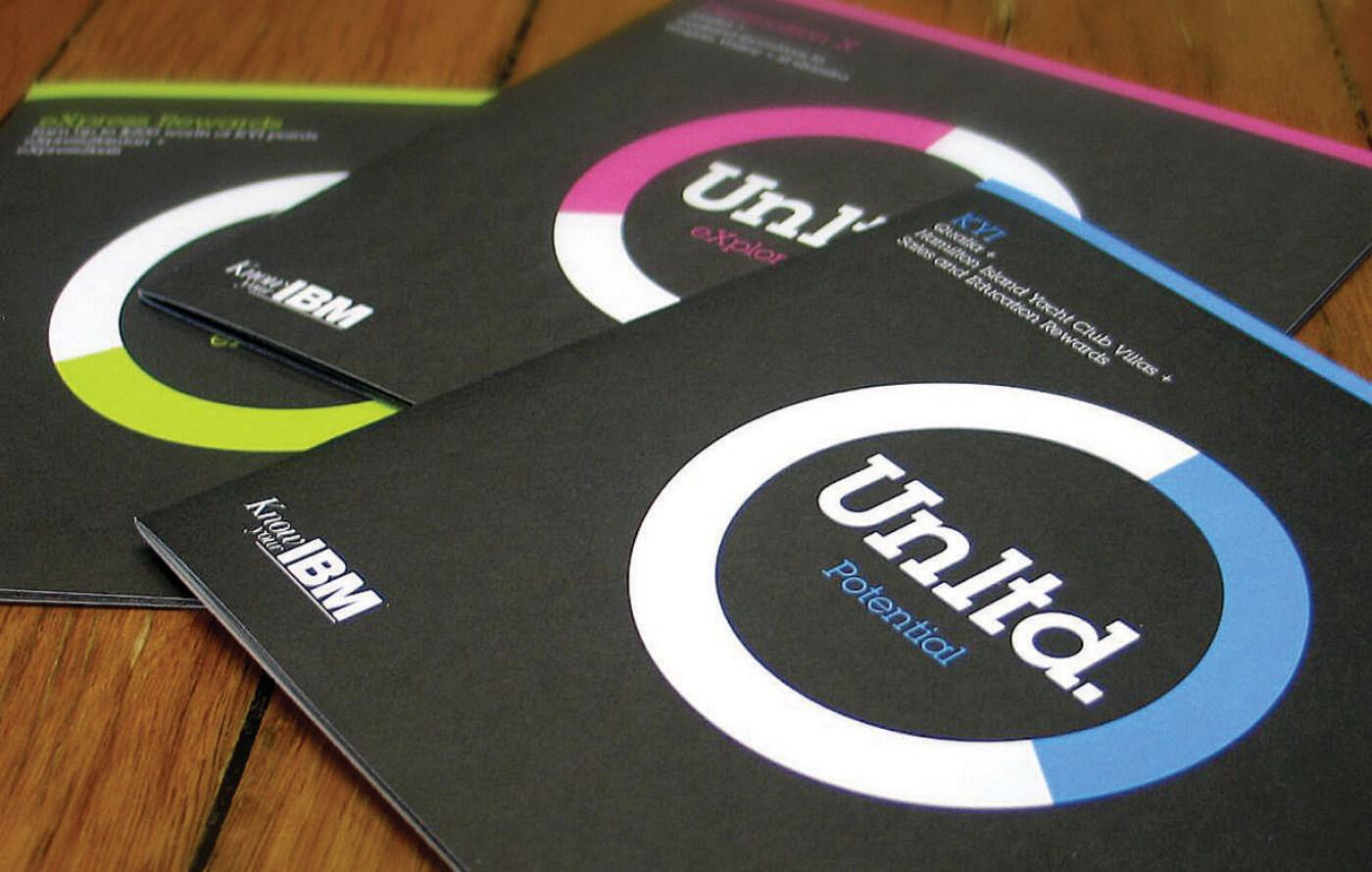 Front covers of three printed IBM Unltd booklets, colour coded fuchsia pink, lime green and baby blue to help indicate the different content