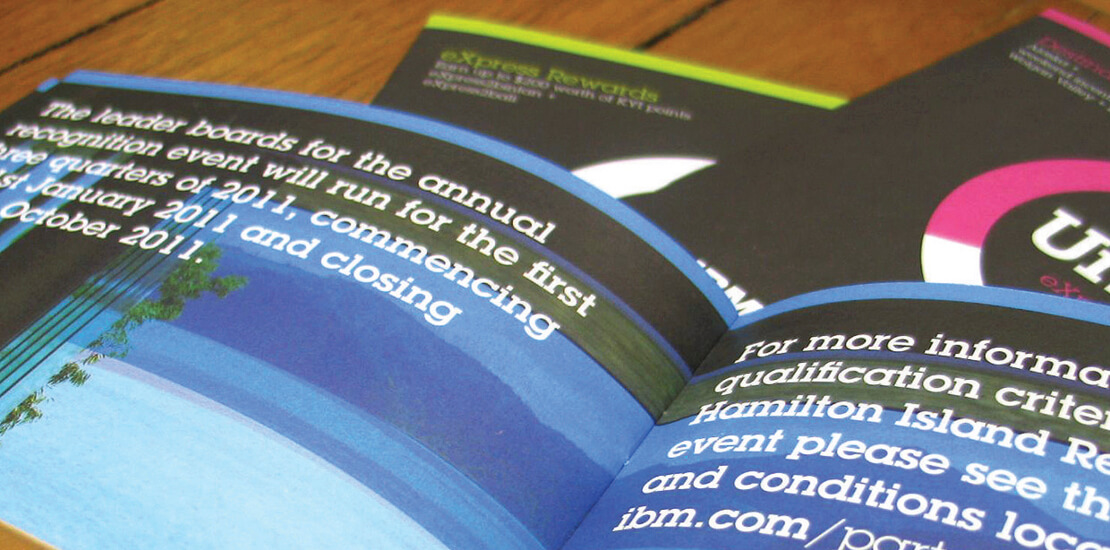 Front covers and an inside spread of the branded IBM Unltd printed collateral