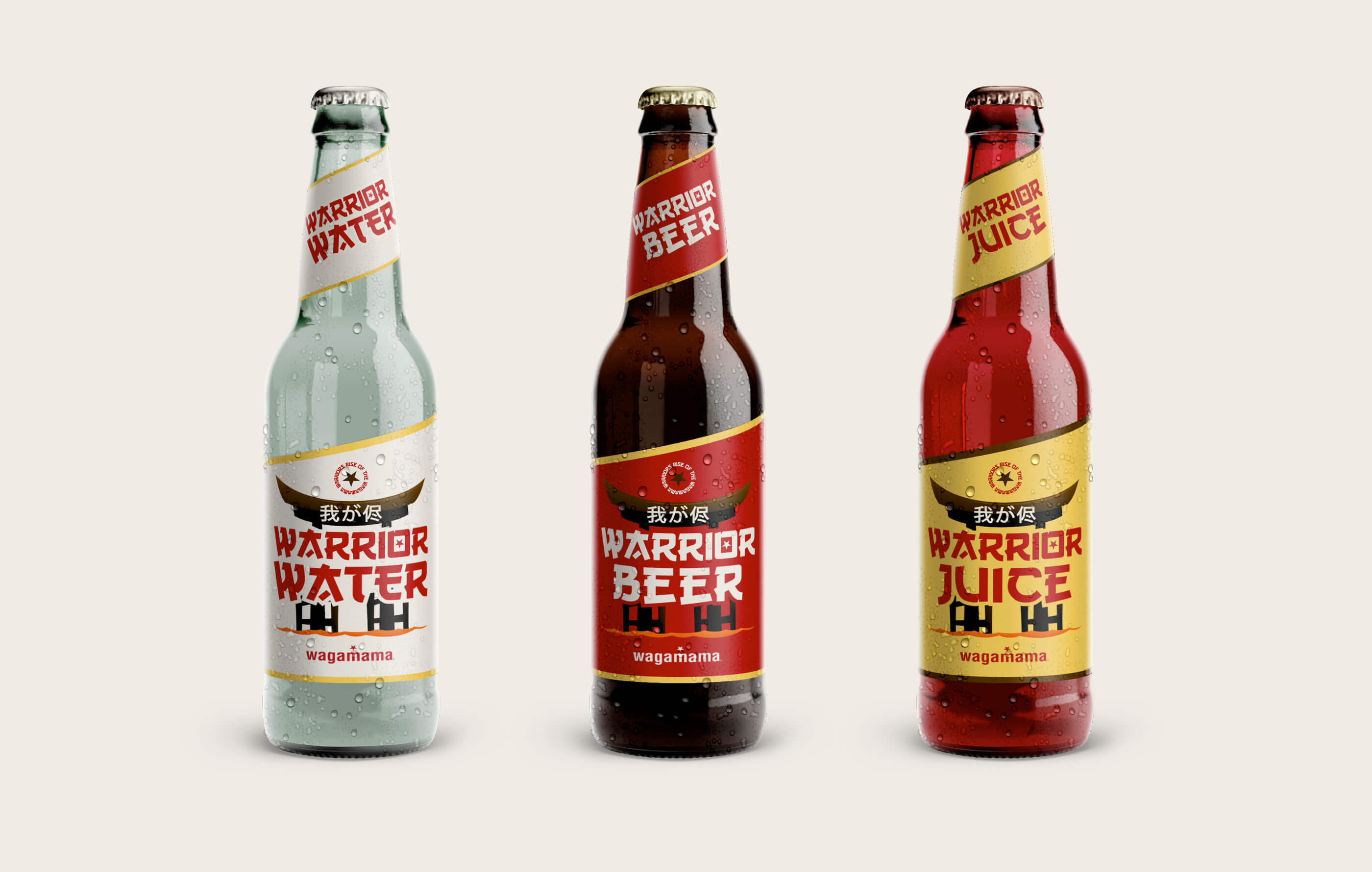 3D render of three glass bottles containing water, beer and juice, each featuring labels branded with the Rise of the Wagamama Warriors illustrations