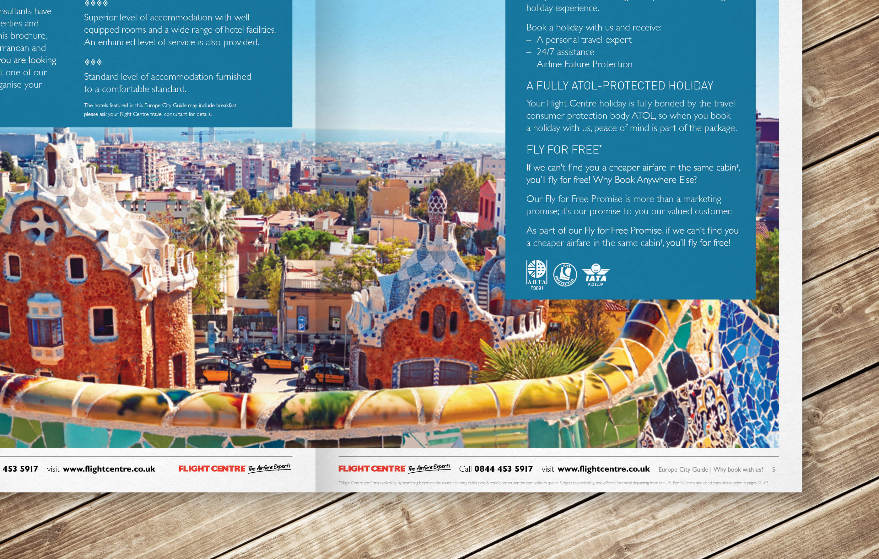 Open double page brochure spread explaining to readers why to book with Flight Centre, themed blue, highlighting the company's ATOL protection and Fly for Free offer