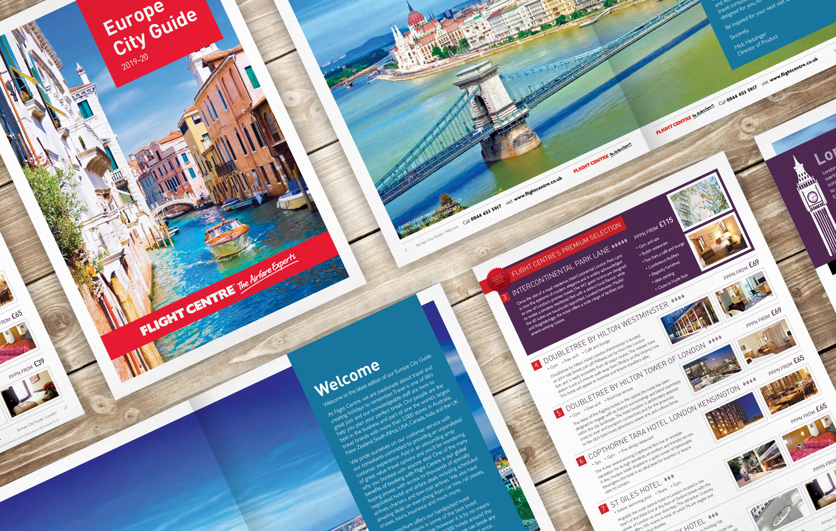 Various brochure page designs laid out in a grid on an angle, including front cover, welcome intro spread and London section