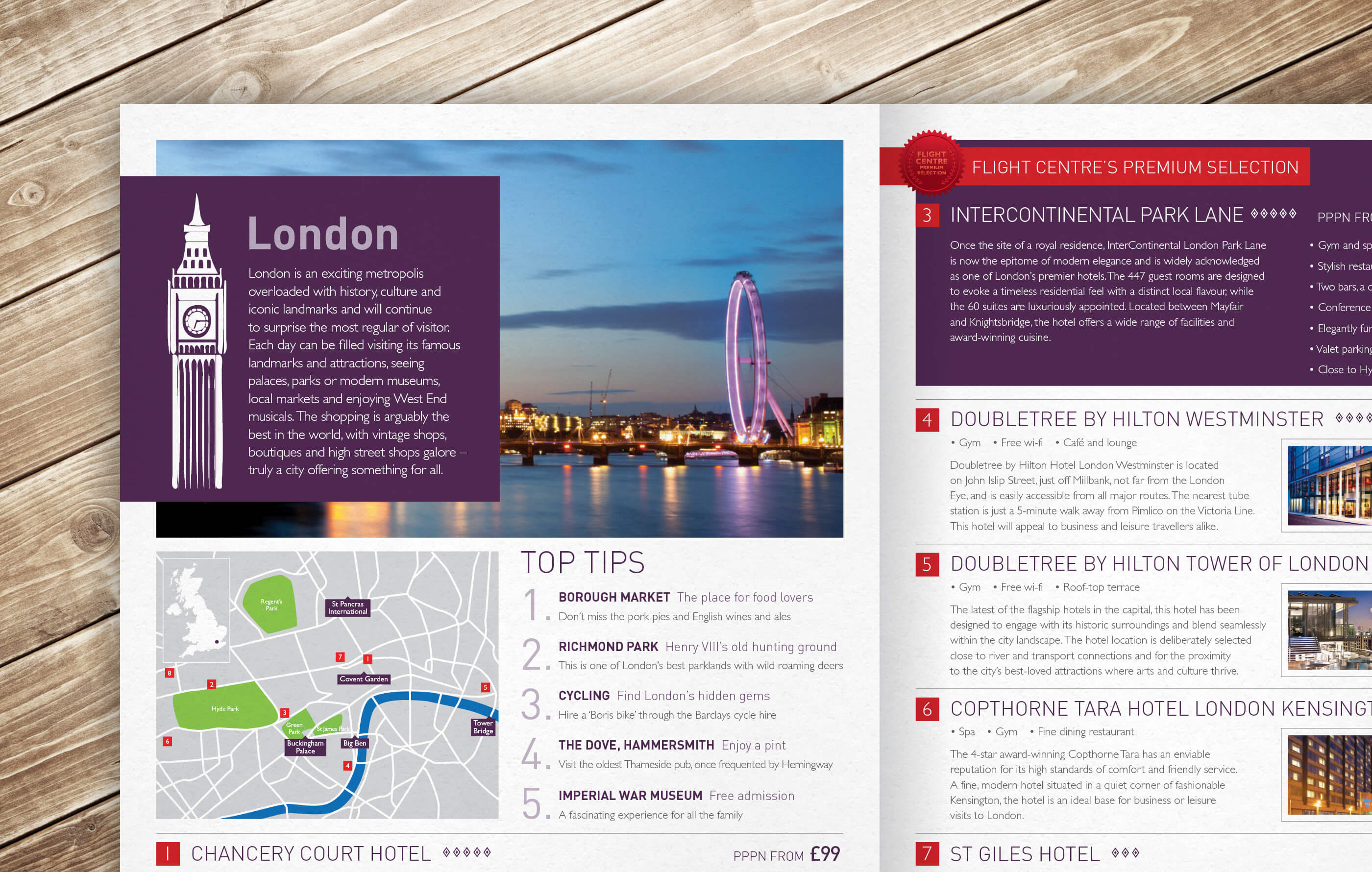 Open double page brochure spread of London, themed purple, highlighting top tips, top attractions and top hotels