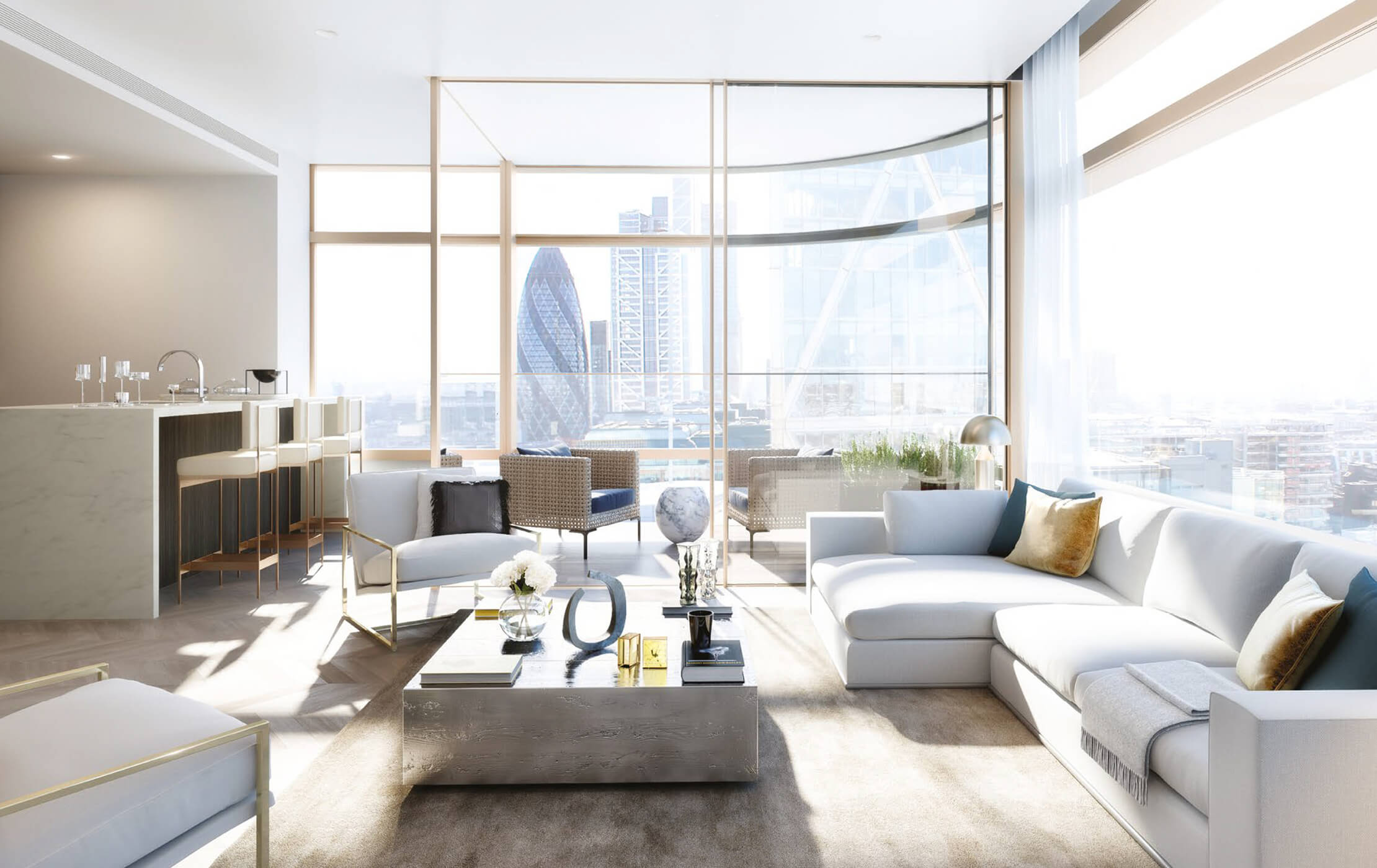 3D CGI render of a spacious apartment interior, with commanding views of The Gherkin (30 St Mary Axe) and the city