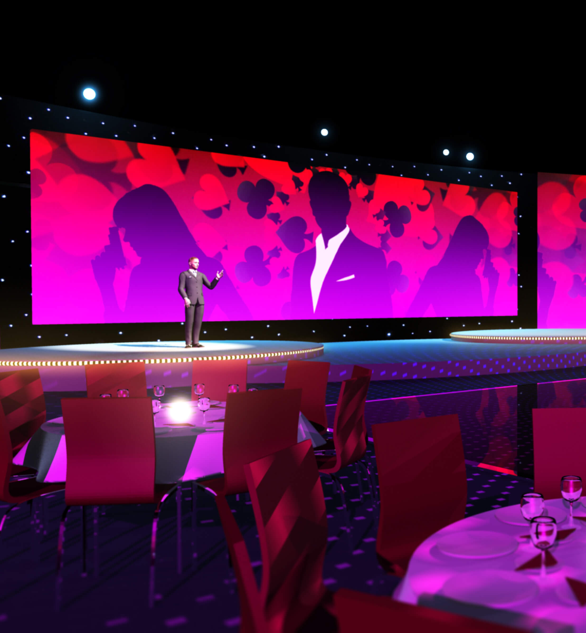 3D render of the themed animated stage backdrop and presenter on stage at the Dixons Retail Peak event