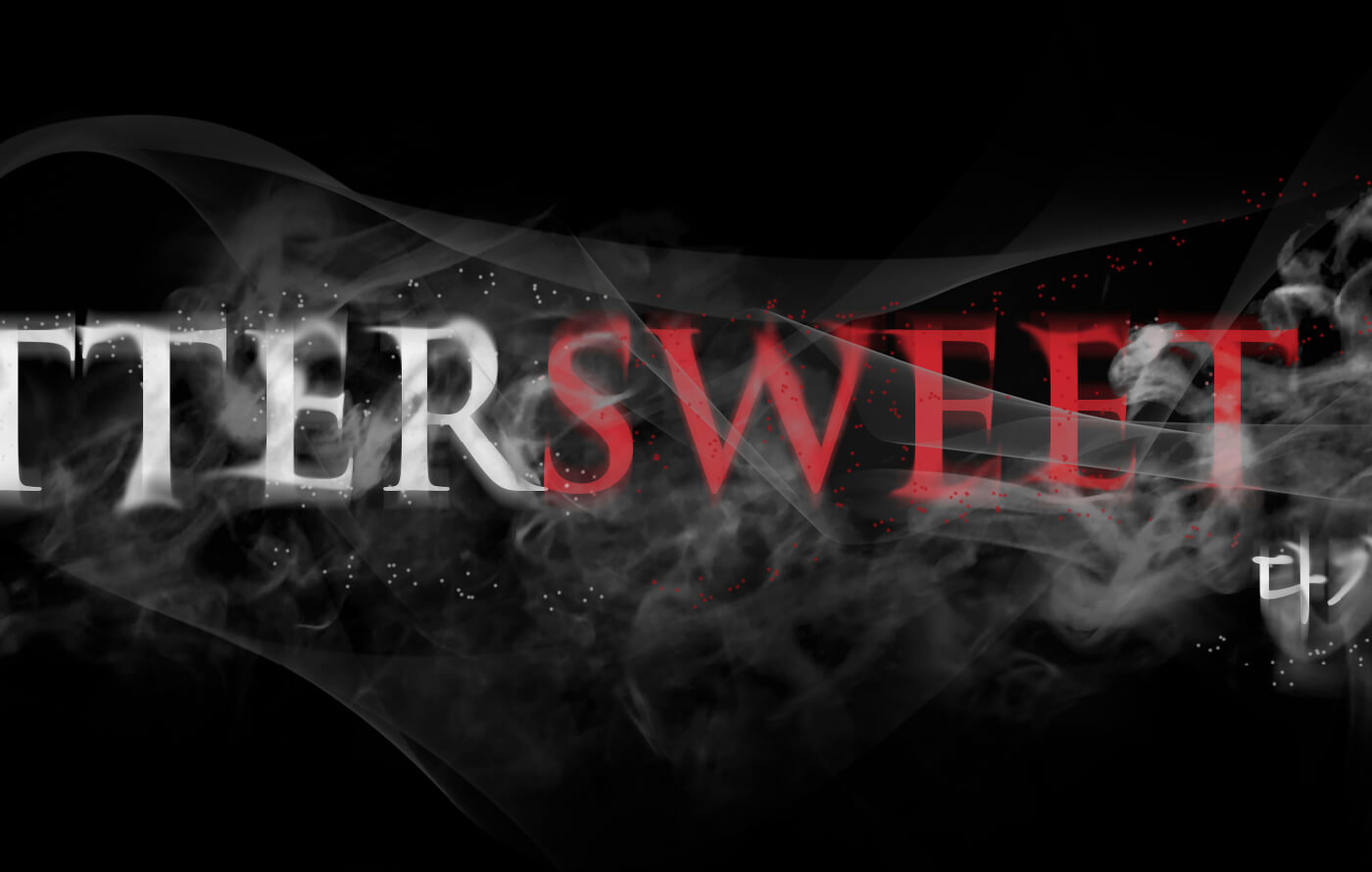 Close up detail of the A Bittersweet Life logo, written in a white and blood red serif font surrounded and masked by smoke on a black background