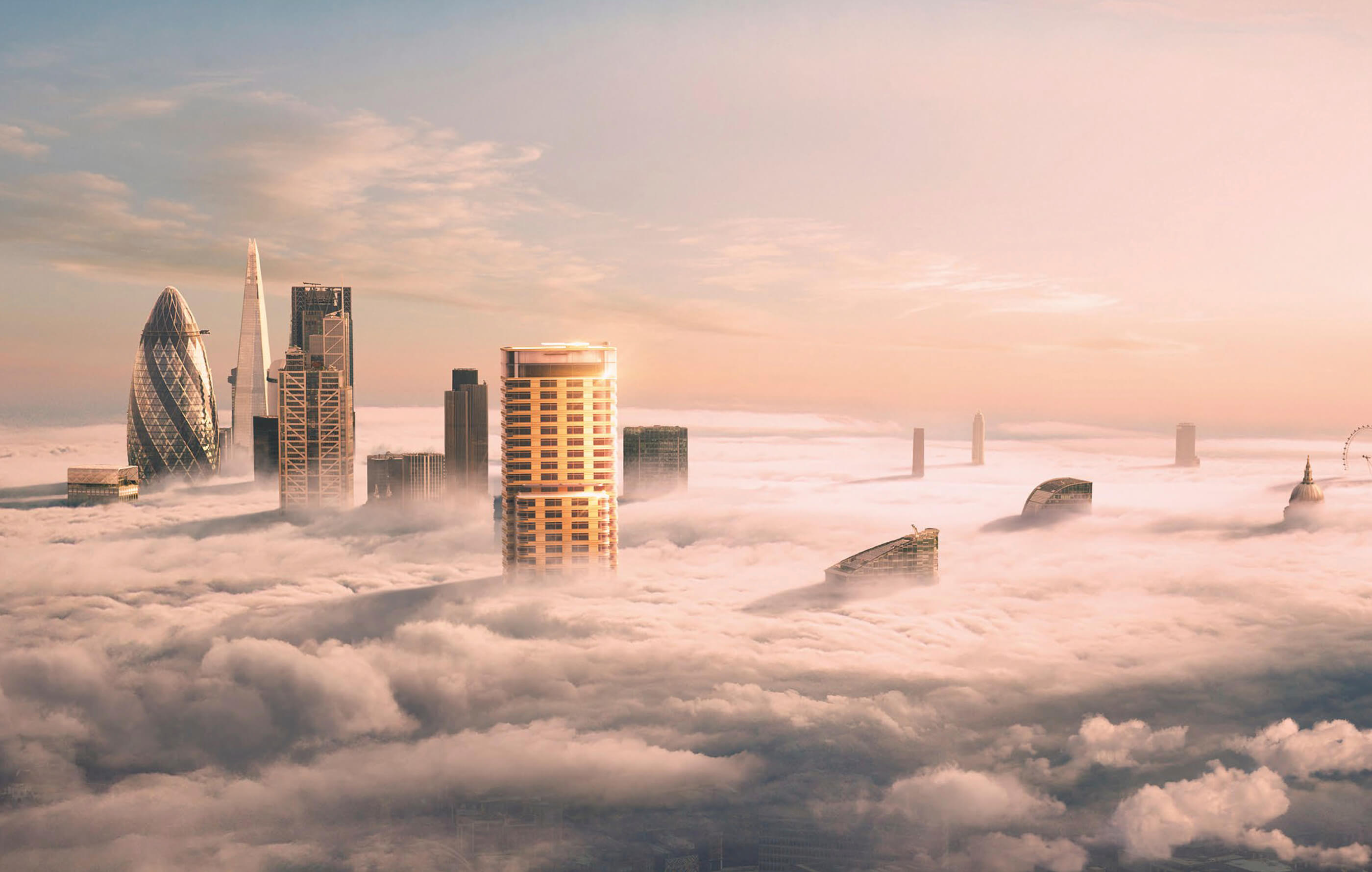 3D CGI render of Principal Tower in the sun-filled London skyline above cloud cover, highlighting the building's height