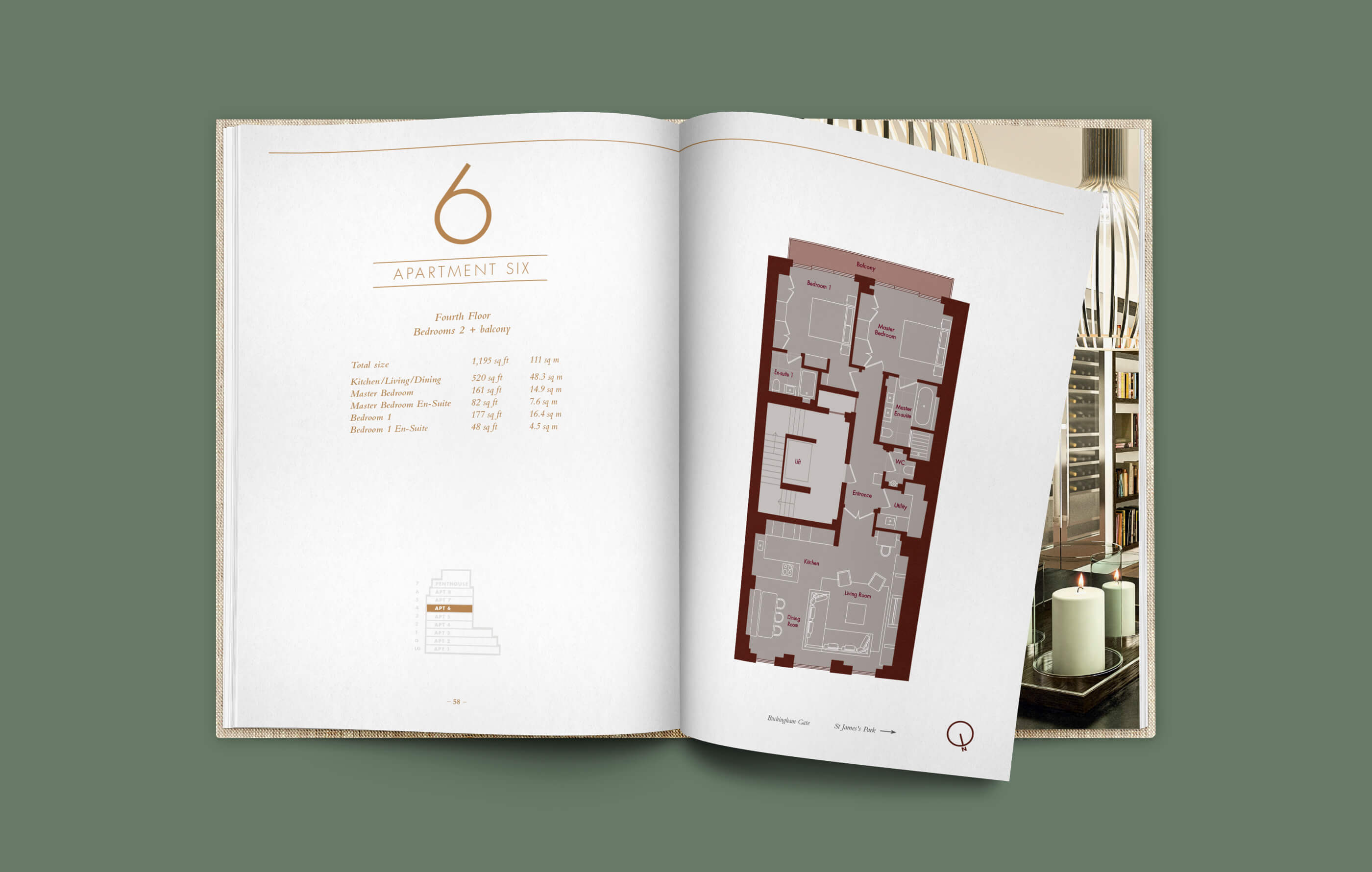 Open brochure spread of apartment 6, a fourth floor flat with 2 bedrooms and a balcony