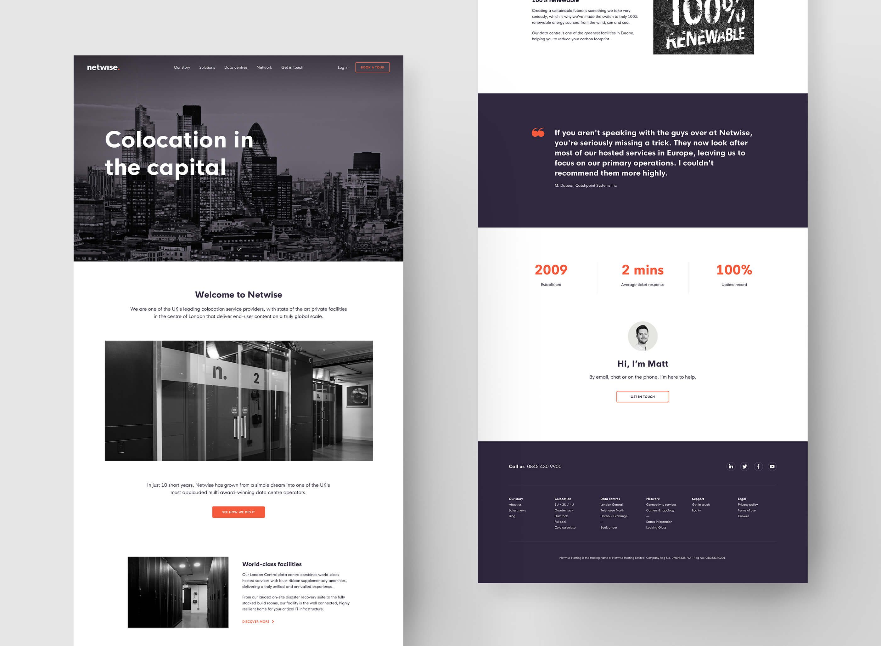 Full designs of the homepage, including 'Colocation in the Capital' hero, client quote and top statistics on white and dark purple backgrounds