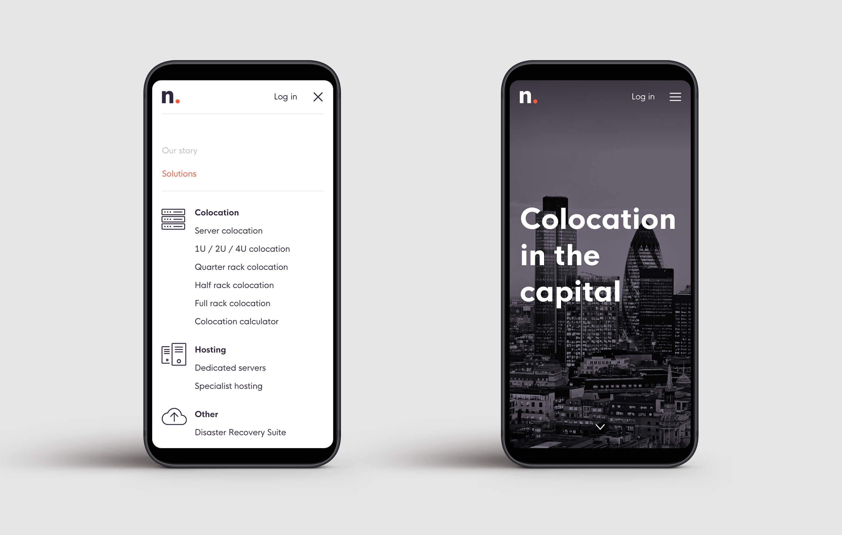 Two mobile phone mockups of the mobile navigation and homepage designs, featuring icons of the various solutions and 'Colocation in the Capital' hero
