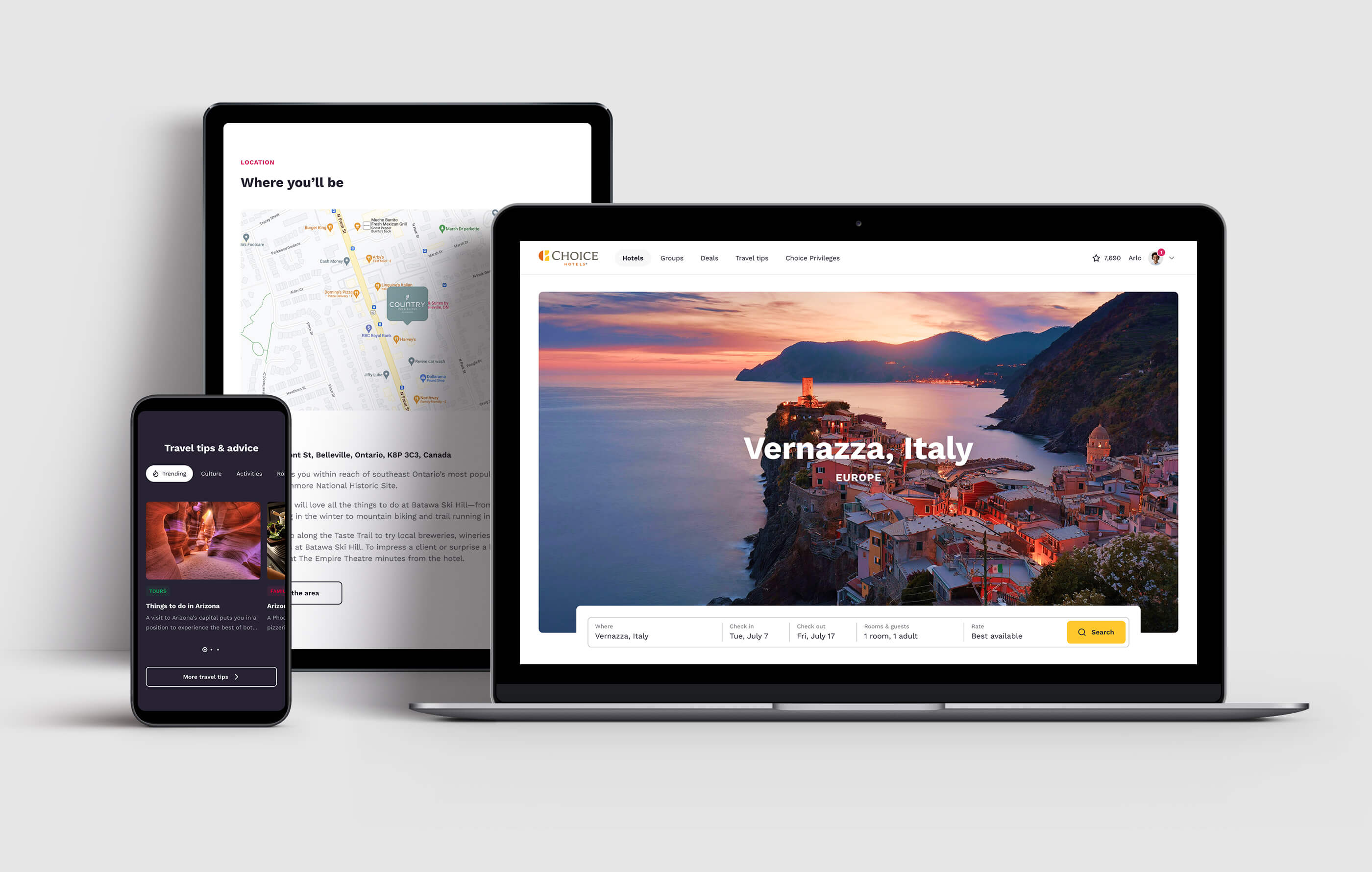 Final render of the responsive Choice Hotels website, shown on desktop, tablet and mobile on a light grey background