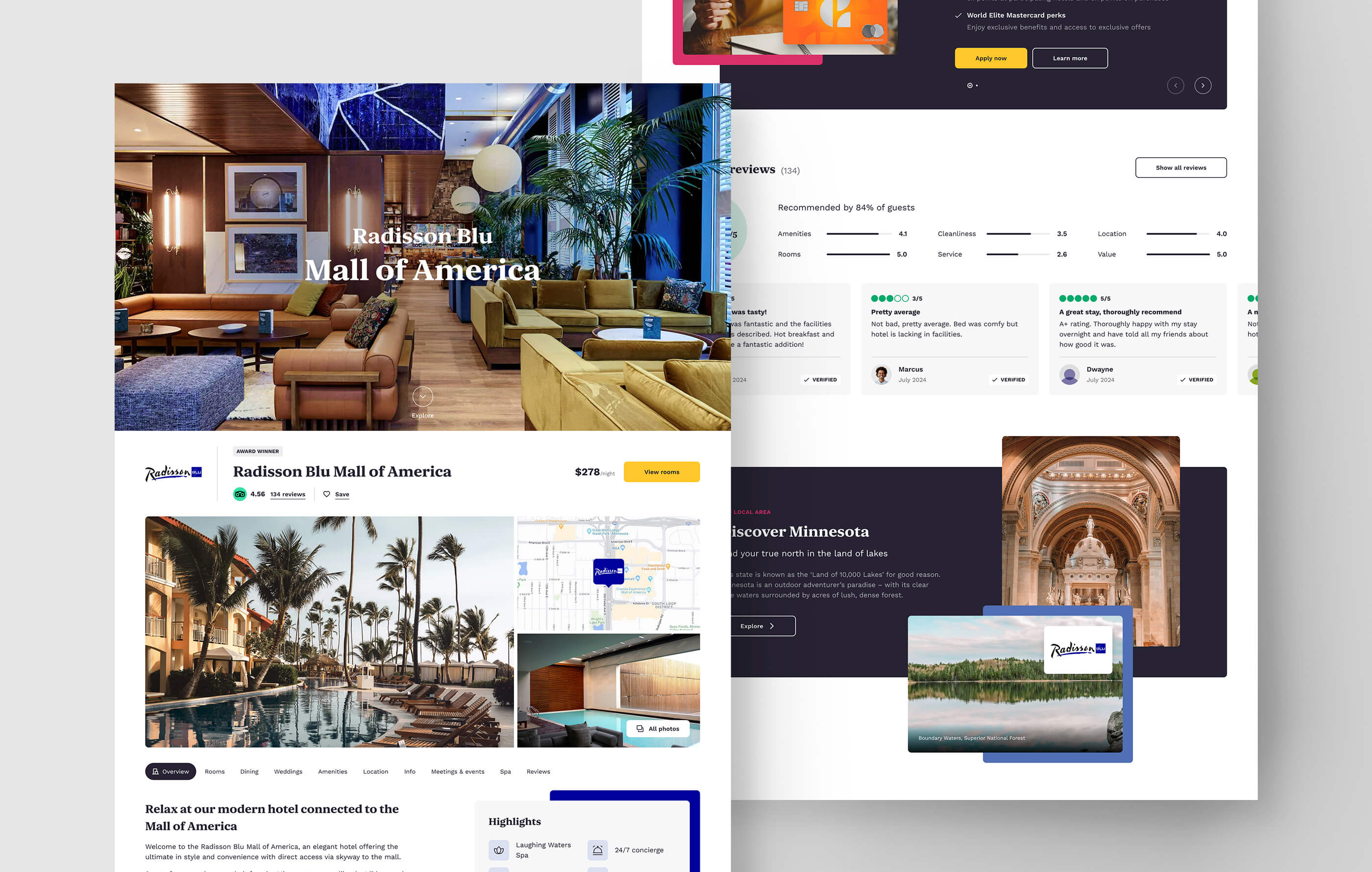 Full desktop design of the Radisson Blu Mall of America property page, including an overview of the hotel, available rooms and prices, and guest reviews