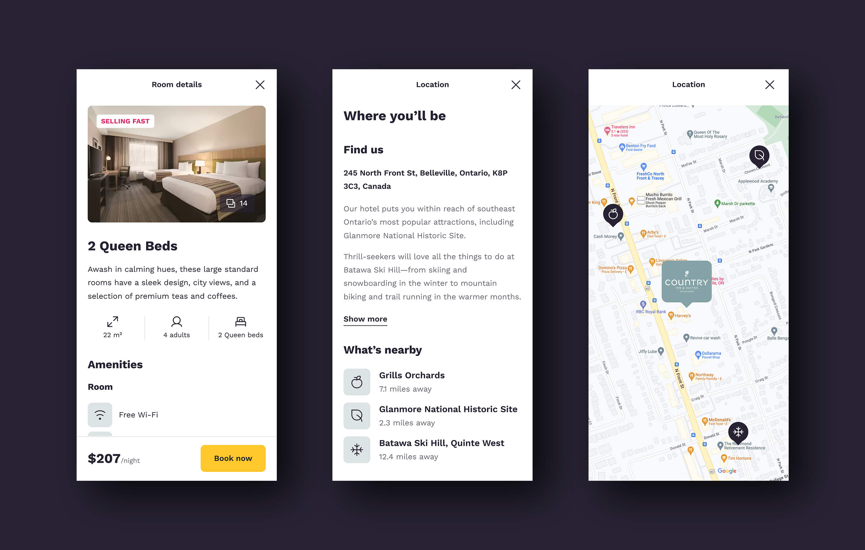 Three mobile phone mockups on a dark background, featuring the details and amenities of a '2 Queen Beds' bedroom, and the location of a Country Inn & Suites hotel
