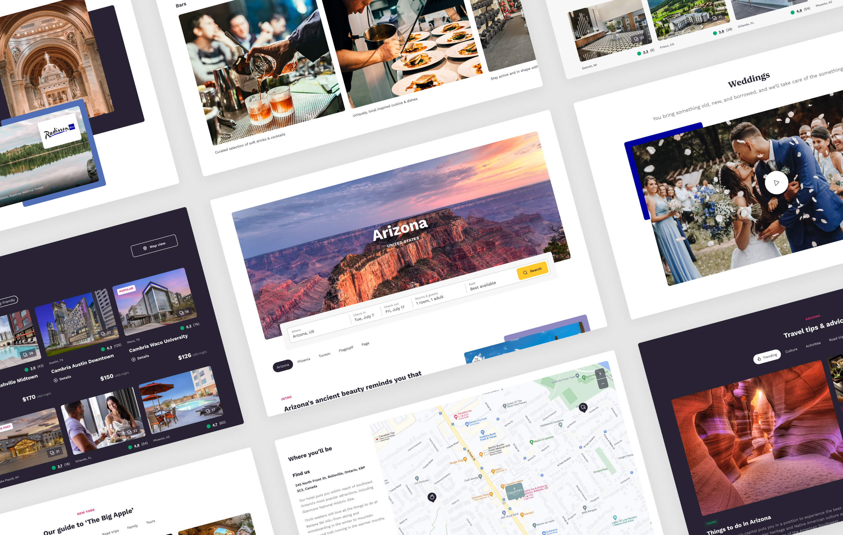 Nine desktop page designs, shown on an angle on a light grey background, of various parts of the website
