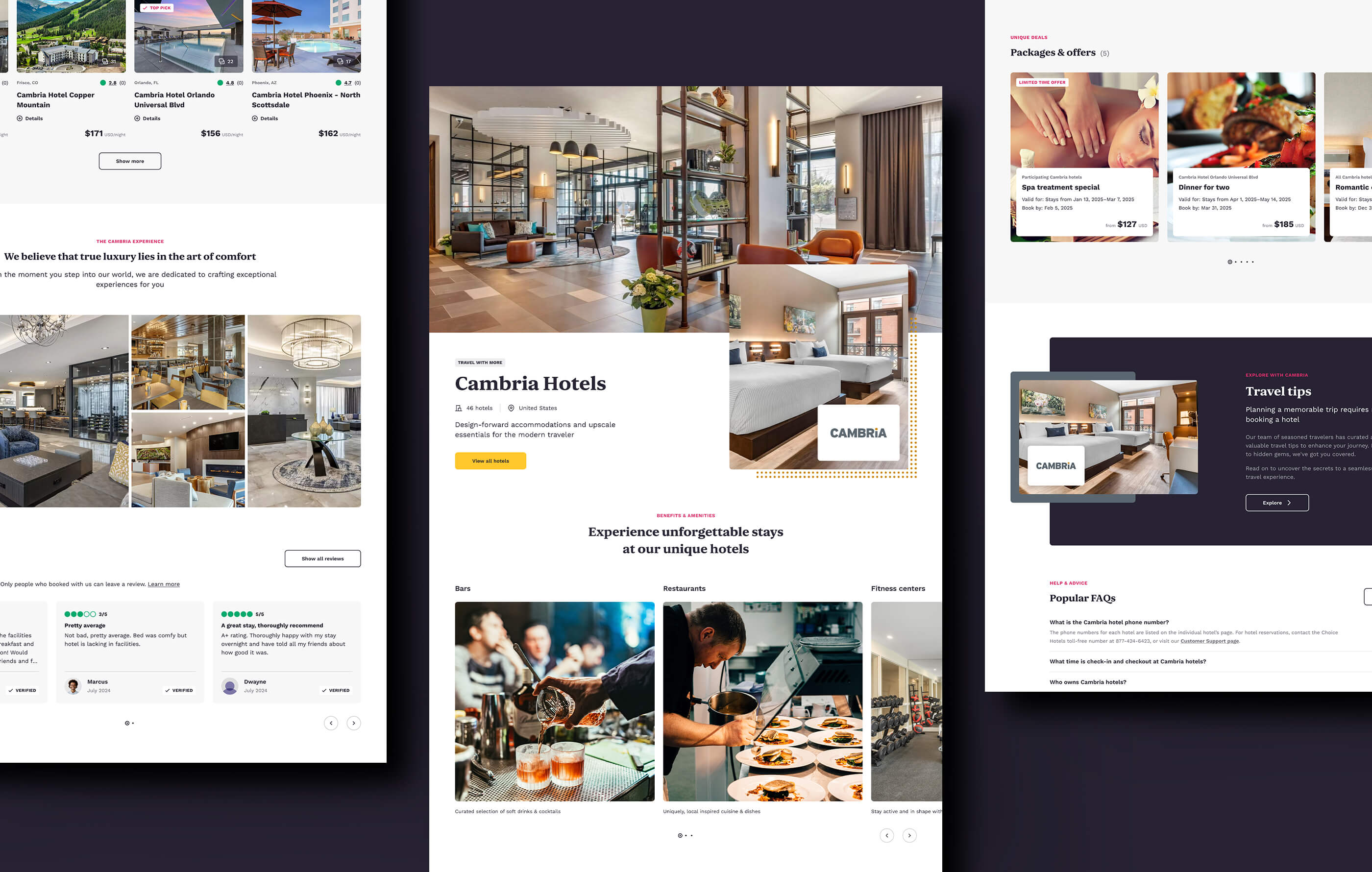 Three desktop designs on a dark background, showcasing the 'Travel With More' Cambria Hotels brand page
