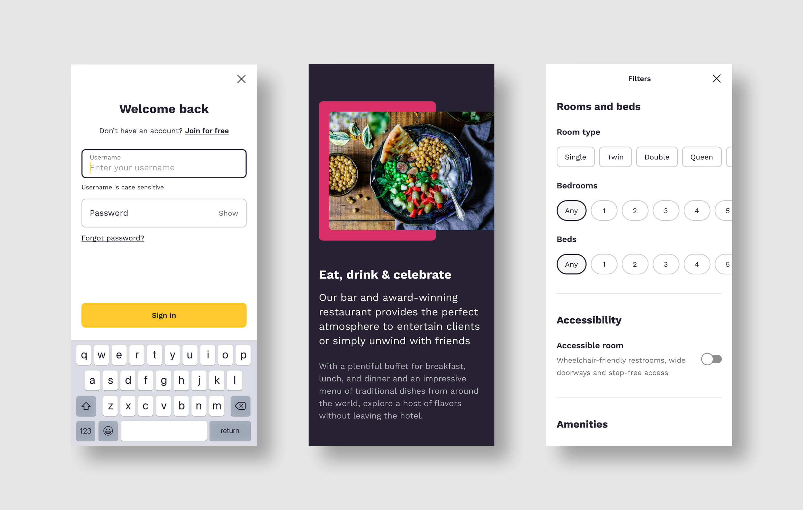 Three mobile phone mockups on a light grey background, featuring the sign in page, a picture of food on a dark background, and hotel search filters categorised by room type, accessibility options and amenities