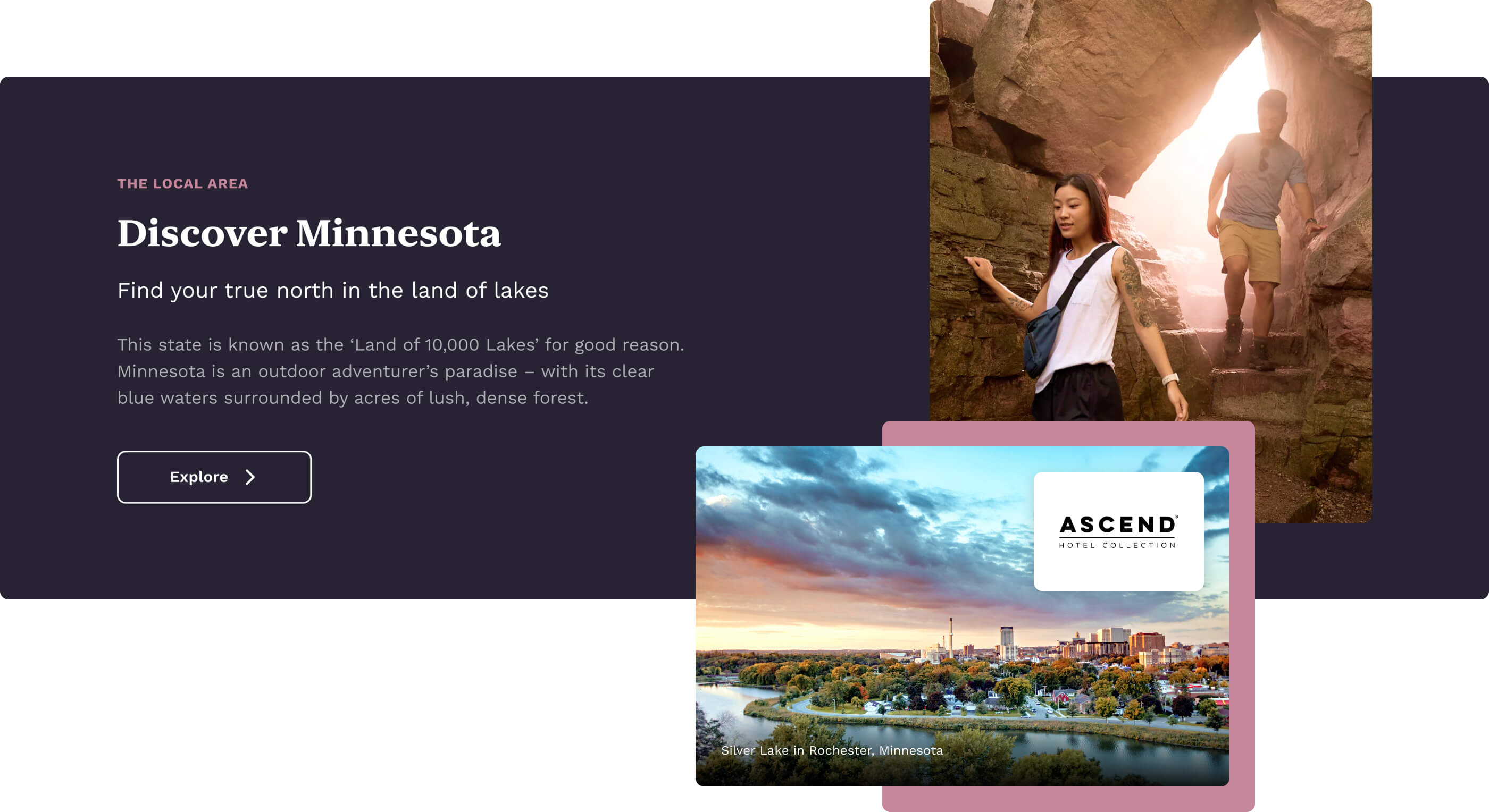 Design of a 'featured' section from the desktop website, promoting Minnesota and the 'Land of 10,000 Lakes'