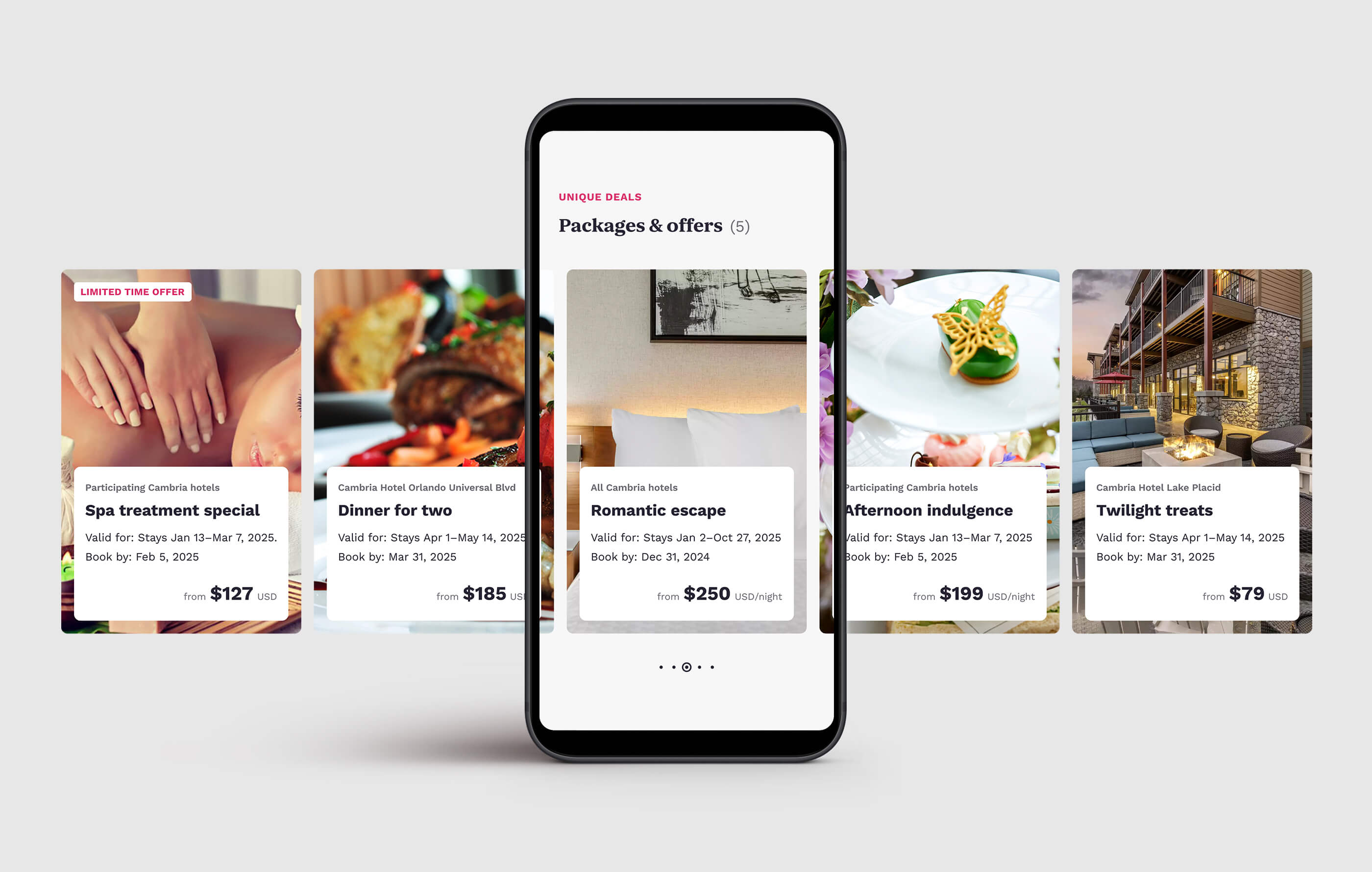 A mobile phone mockup of a horizontally scrollable set of cards, featuring five packages and offers available at a hotel