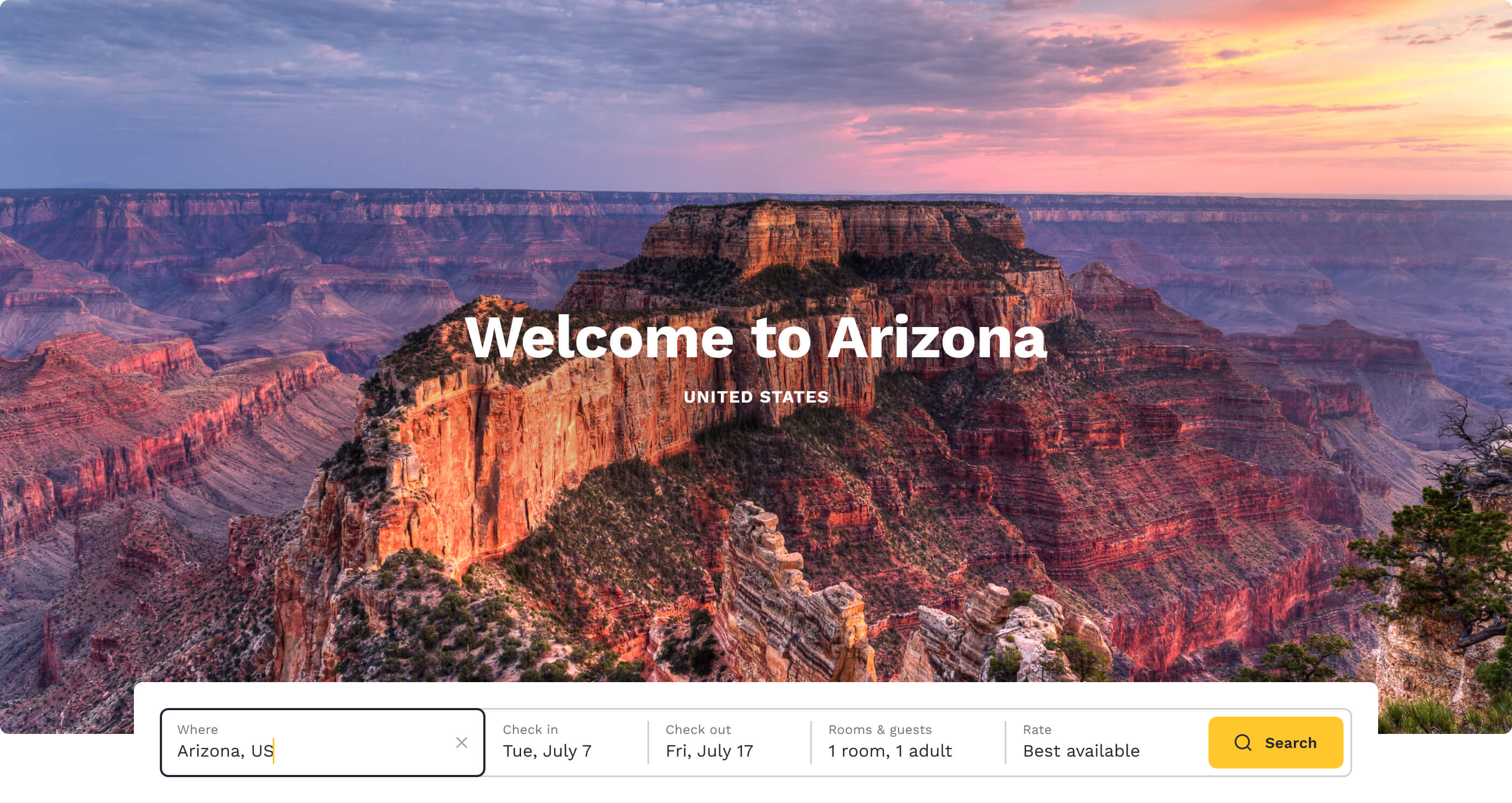 Hero image of the Grand Canyon and search bar for Arizona, United States