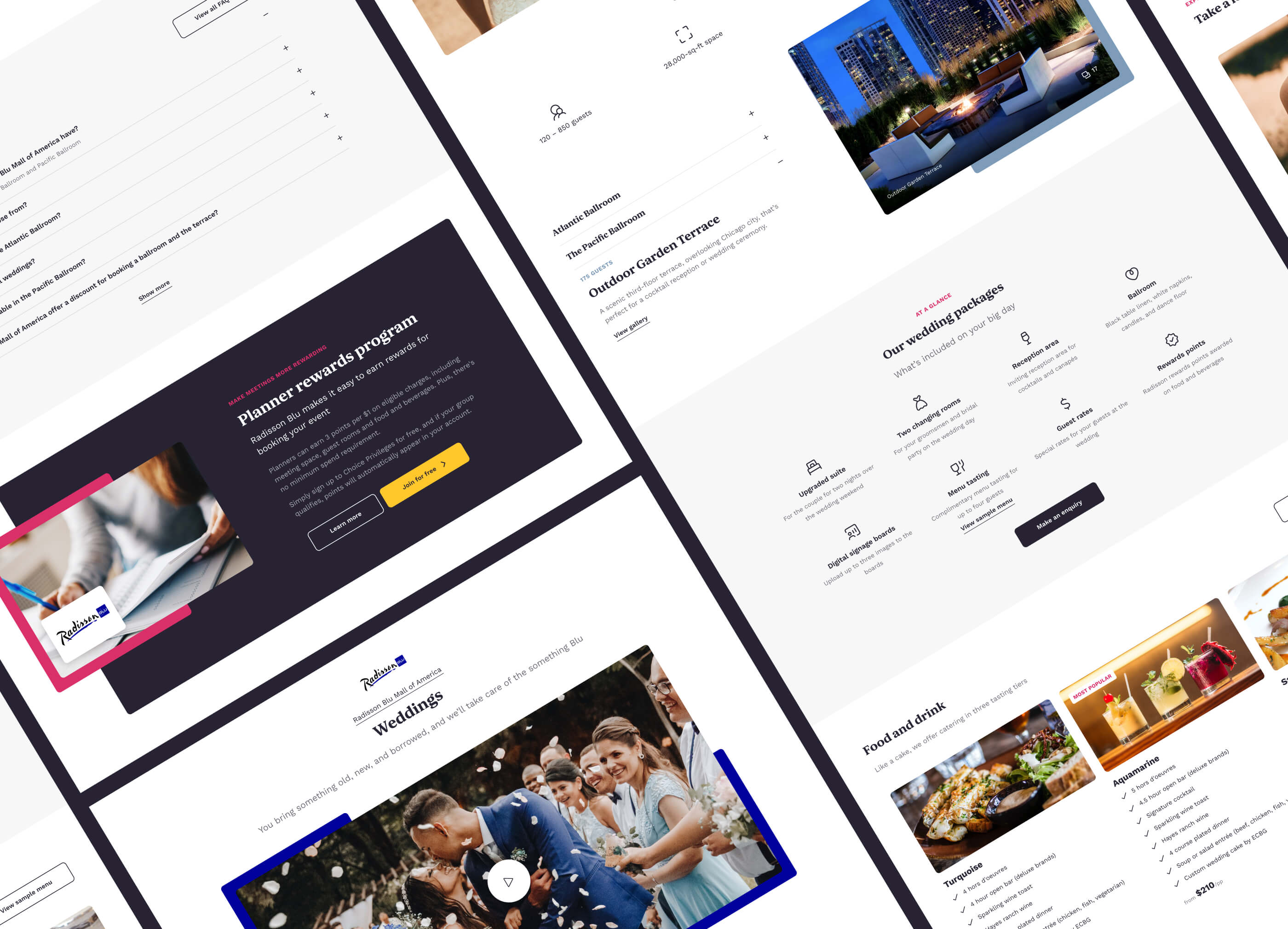 Desktop page designs, shown on an angle, of the wedding packages available at the Radisson Blu Mall of America
