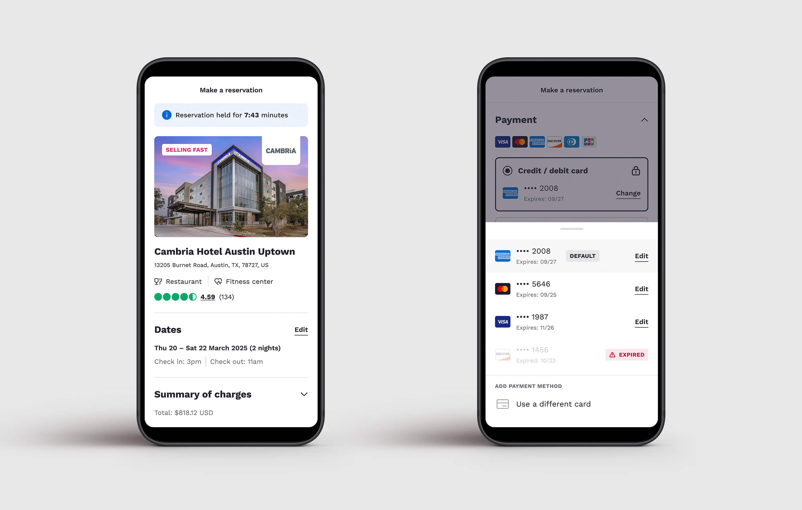Mobile phone mockups of the booking reservation page for Cambria Hotel Austin Uptown, and the card payment bottom modal