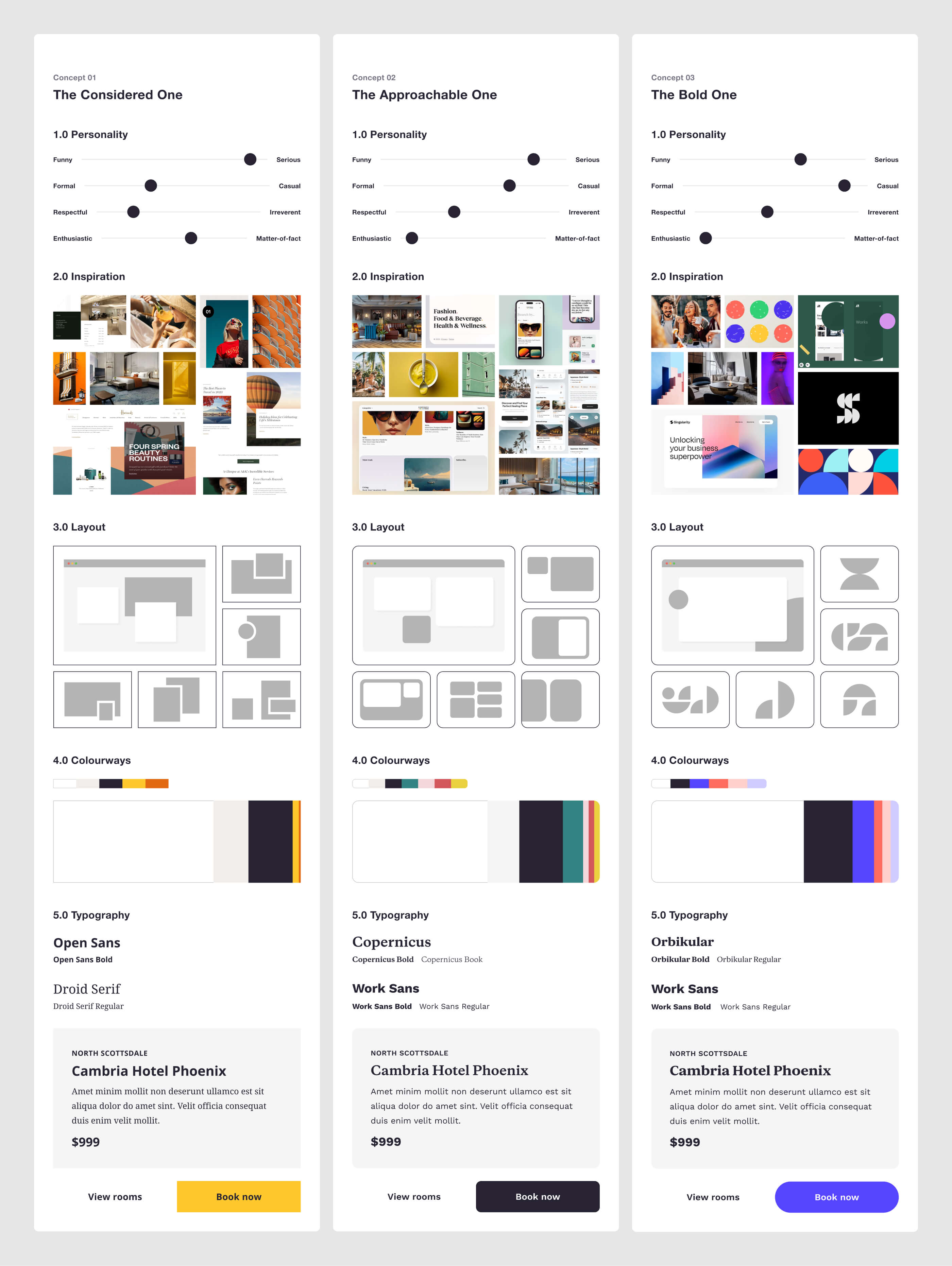 Three early-stage design routes, exploring different concepts around brand personality, layout, colourways and typography