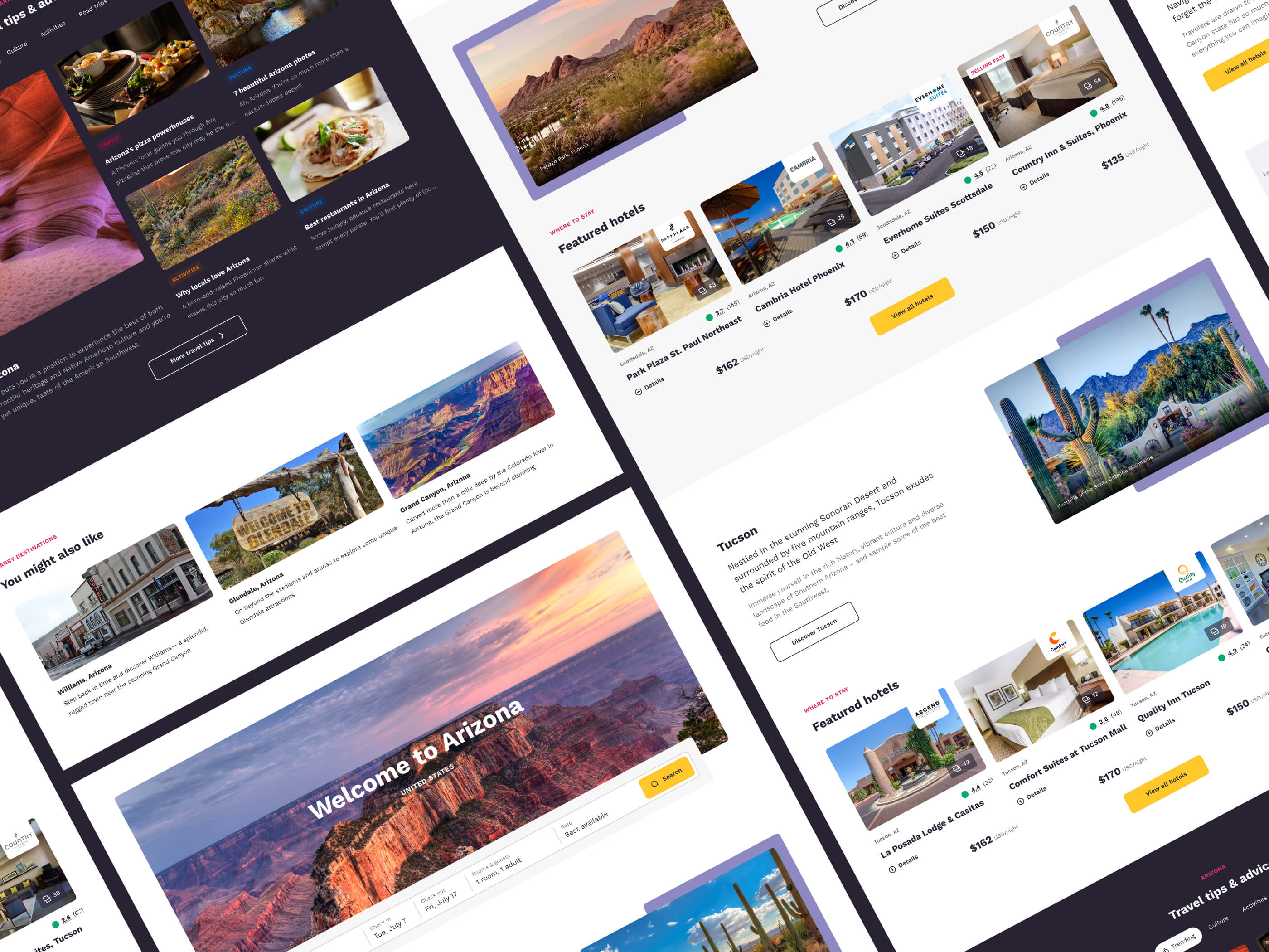 Desktop designs, shown on an angle on a dark background, of the Arizona destination landing page