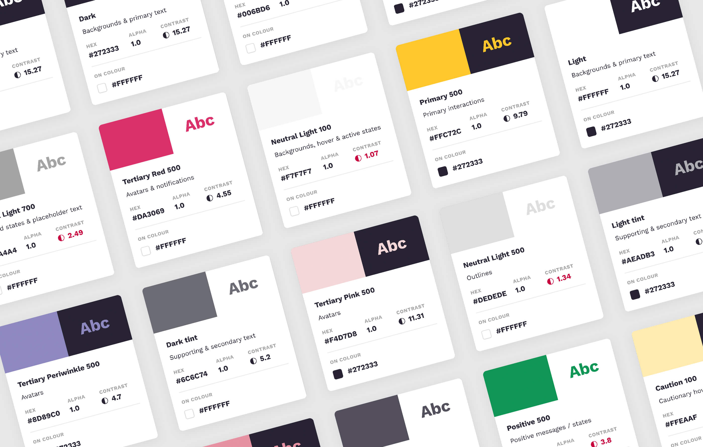 20 swatch cards, shown on an angle on a light grey background, detailing the hex, alpha, and contrast values of each colour